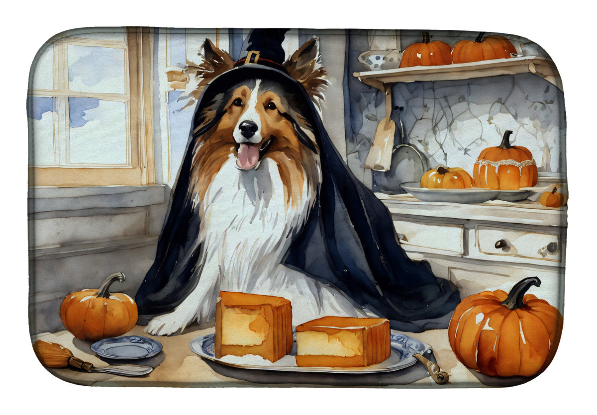 Caroline's Treasures Sheltie Fall Kitchen Pumpkins Dish Drying Mat