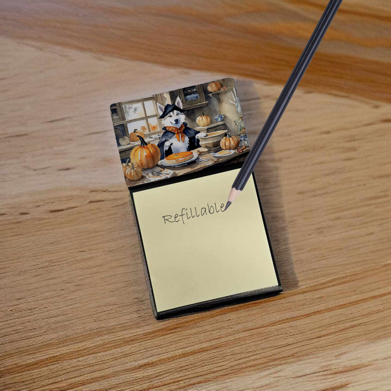 Caroline's Treasures Siberian Husky Fall Kitchen Pumpkins Sticky Note Holder- Refiilable Desk Accessory Note Pad