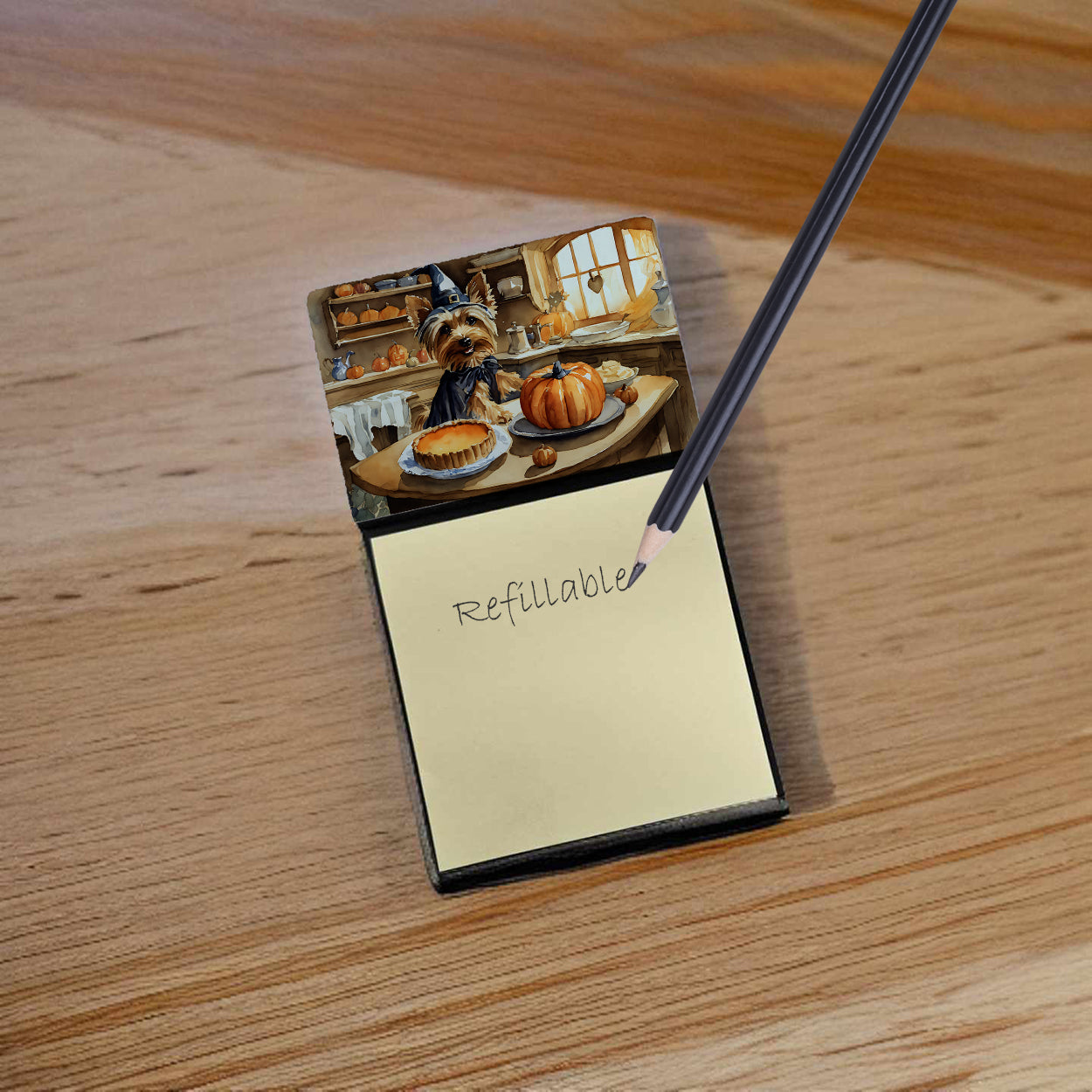 Caroline's Treasures Silky Terrier Fall Kitchen Pumpkins Sticky Note Holder- Refiilable Desk Accessory Note Pad