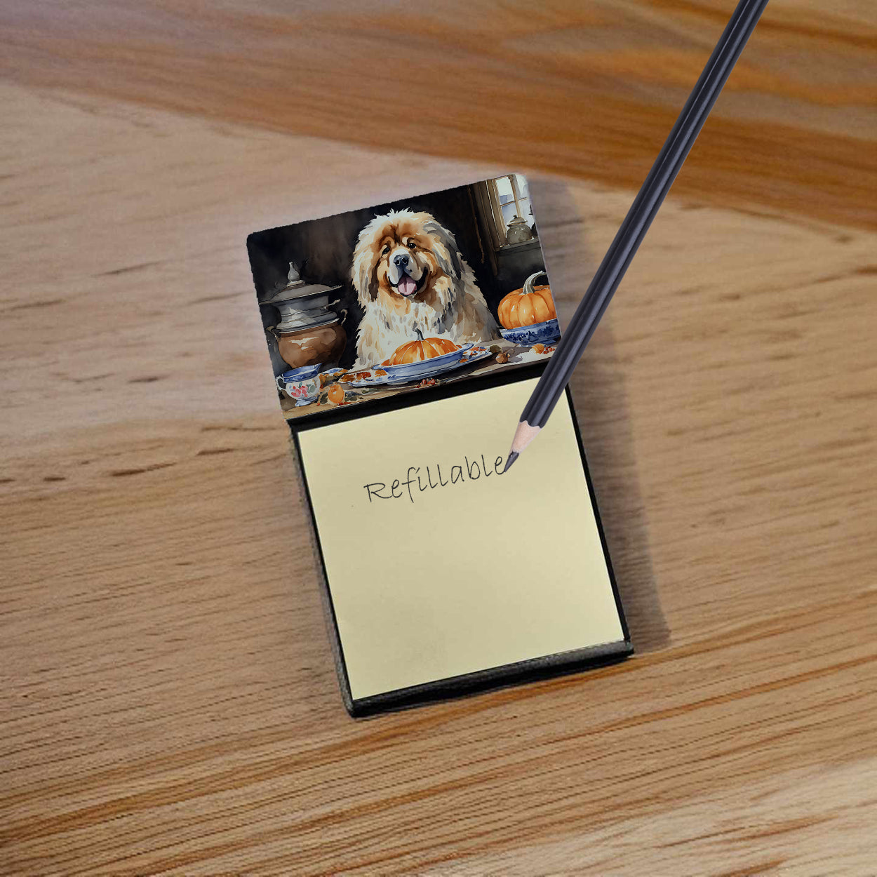 Caroline's Treasures Tibetan Mastiff Fall Kitchen Pumpkins Sticky Note Holder- Refiilable Desk Accessory Note Pad