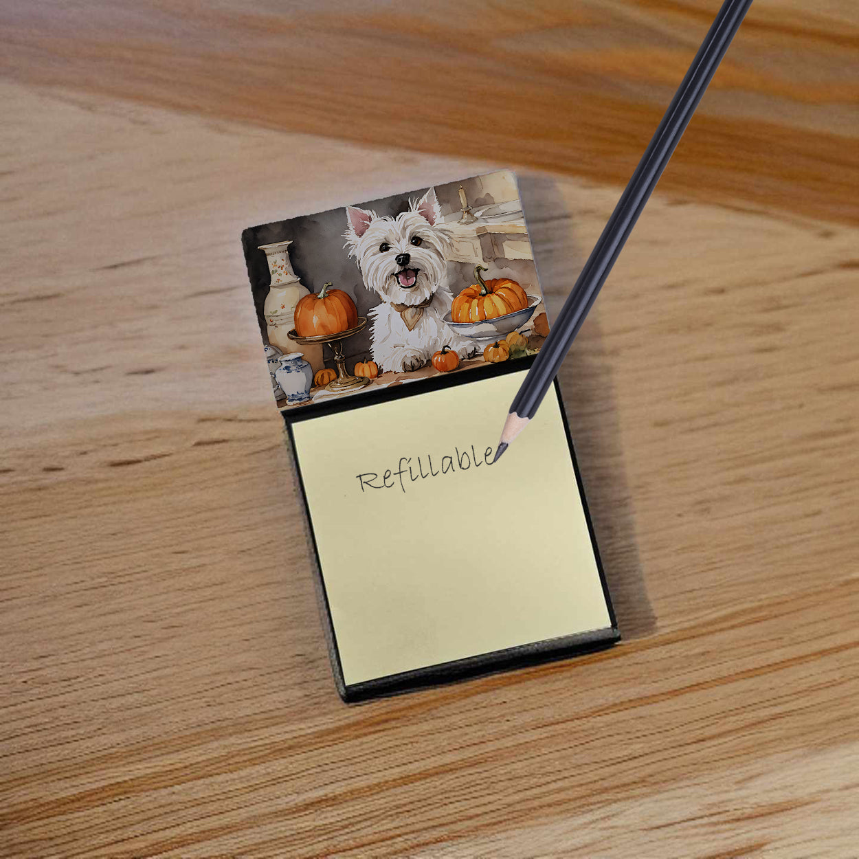 Caroline's Treasures Westie Fall Kitchen Pumpkins Sticky Note Holder- Refiilable Desk Accessory Note Pad