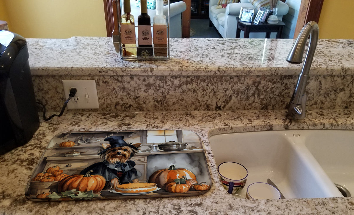 Caroline's Treasures Yorkie Fall Kitchen Pumpkins Dish Drying Mat