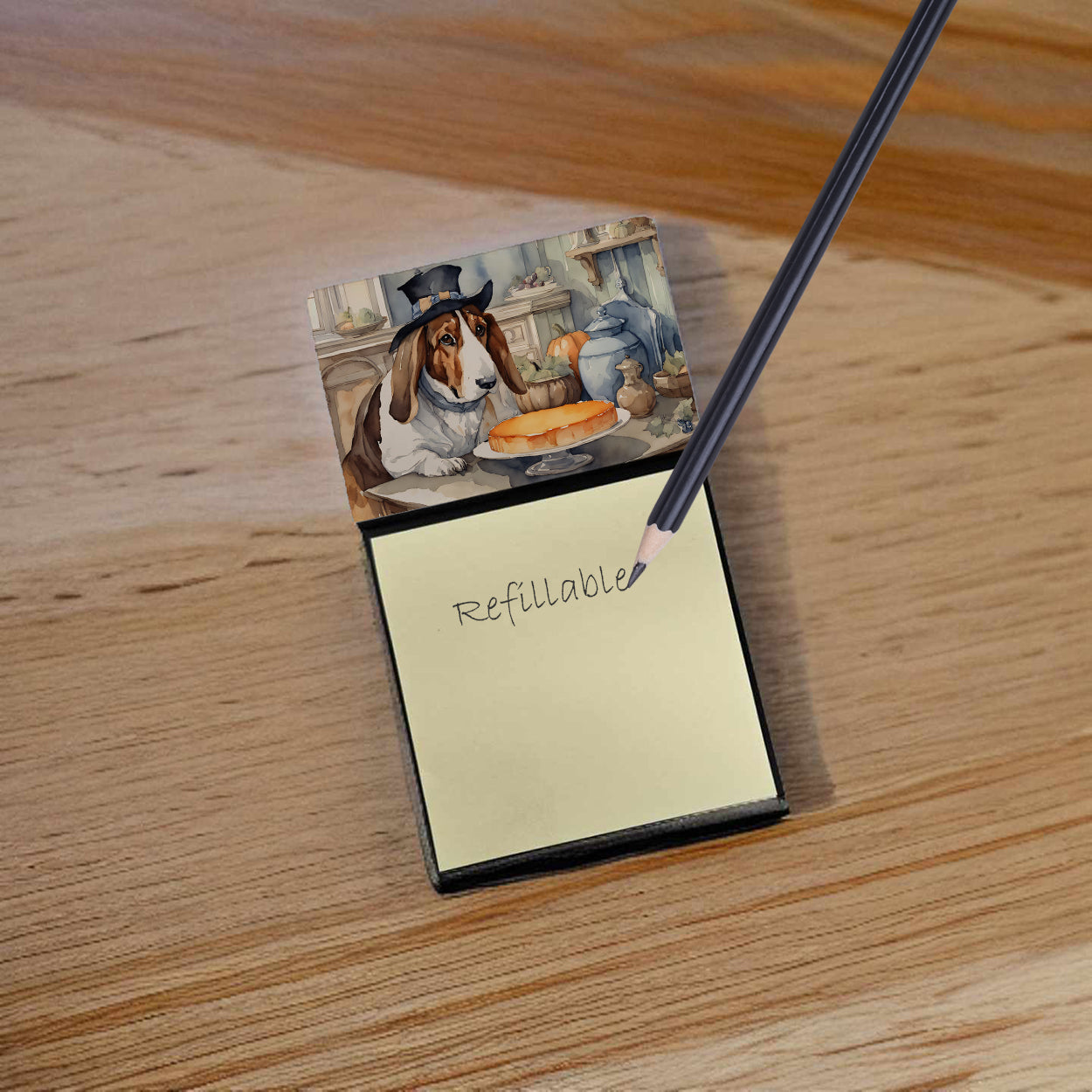 Caroline's Treasures Basset Hound Fall Kitchen Pumpkins Sticky Note Holder- Refiilable Desk Accessory Note Pad