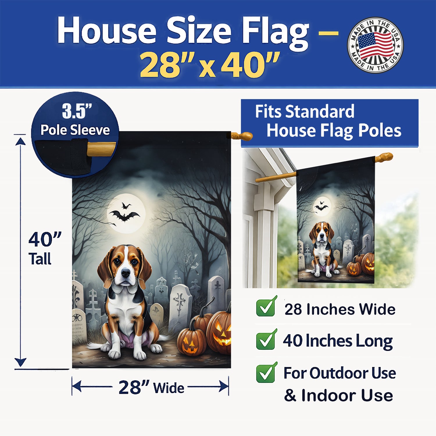 Caroline's Treasures Beagle Spooky Halloween House Flag Large Porch Sleeve Pole Decorative Outside Yard Banner Artwork Wall Hanging, Polyester, House Size, Multicolor