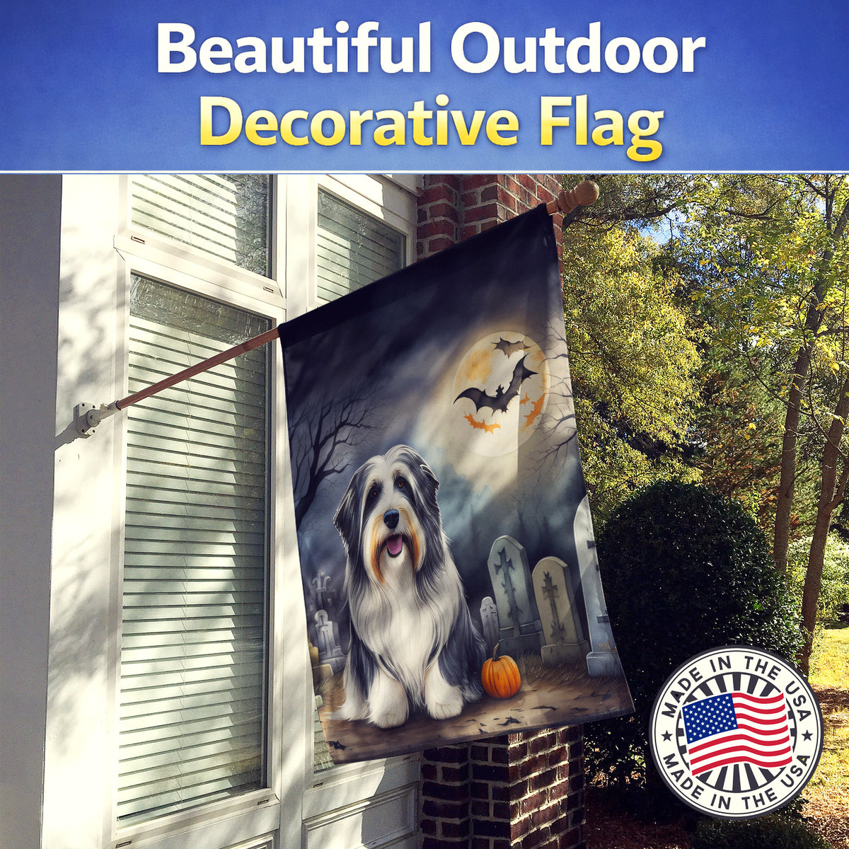 Caroline's Treasures Bearded Collie Spooky Halloween House Flag Large Porch Sleeve Pole Decorative Outside Yard Banner Artwork Wall Hanging, Polyester, House Size, Multicolor