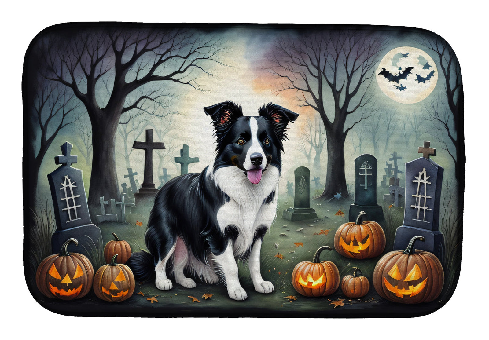Caroline's Treasures Border Collie Spooky Halloween Dish Drying Mat