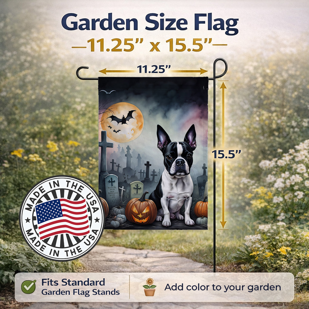 Caroline's Treasures Boston Terrier Spooky Halloween Garden Flag Mailbox Decorative Yard Banner Outside Patio Artwork for Flower Beds, Garden Size, Multicolor