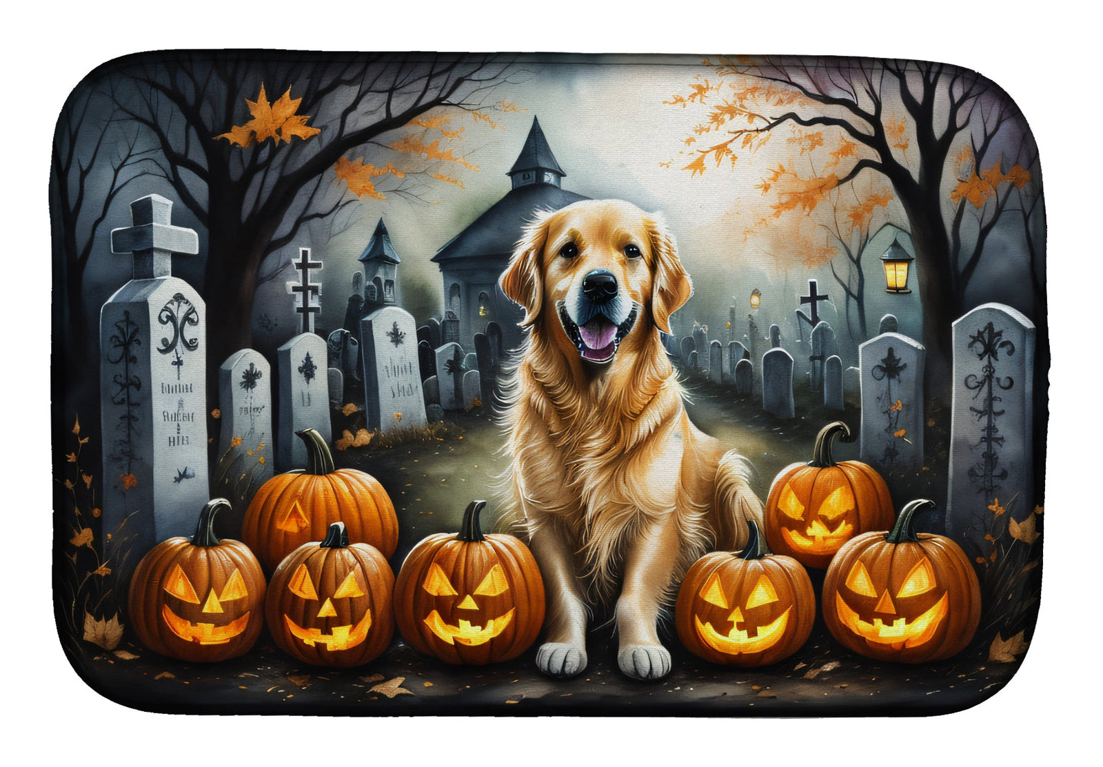 Caroline's Treasures Golden Retriever Spooky Halloween Dish Drying Mat