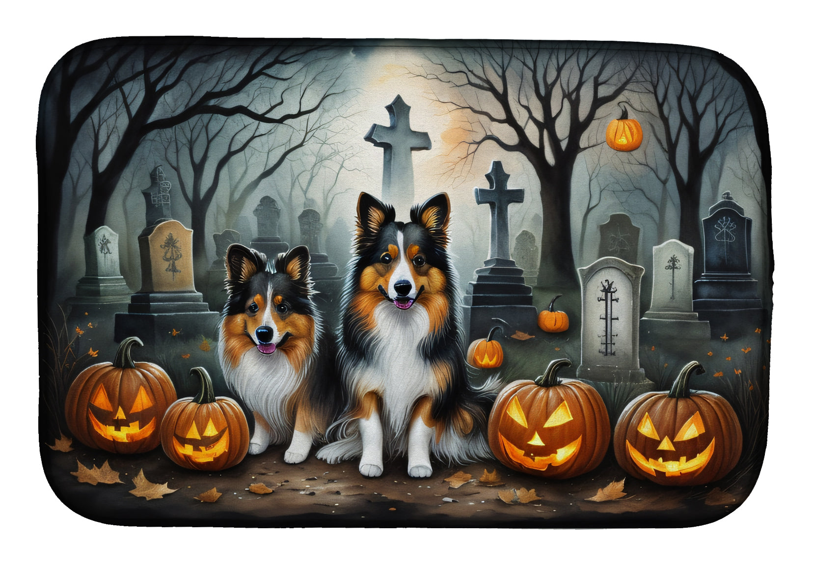 Caroline's Treasures Sheltie Spooky Halloween Dish Drying Mat