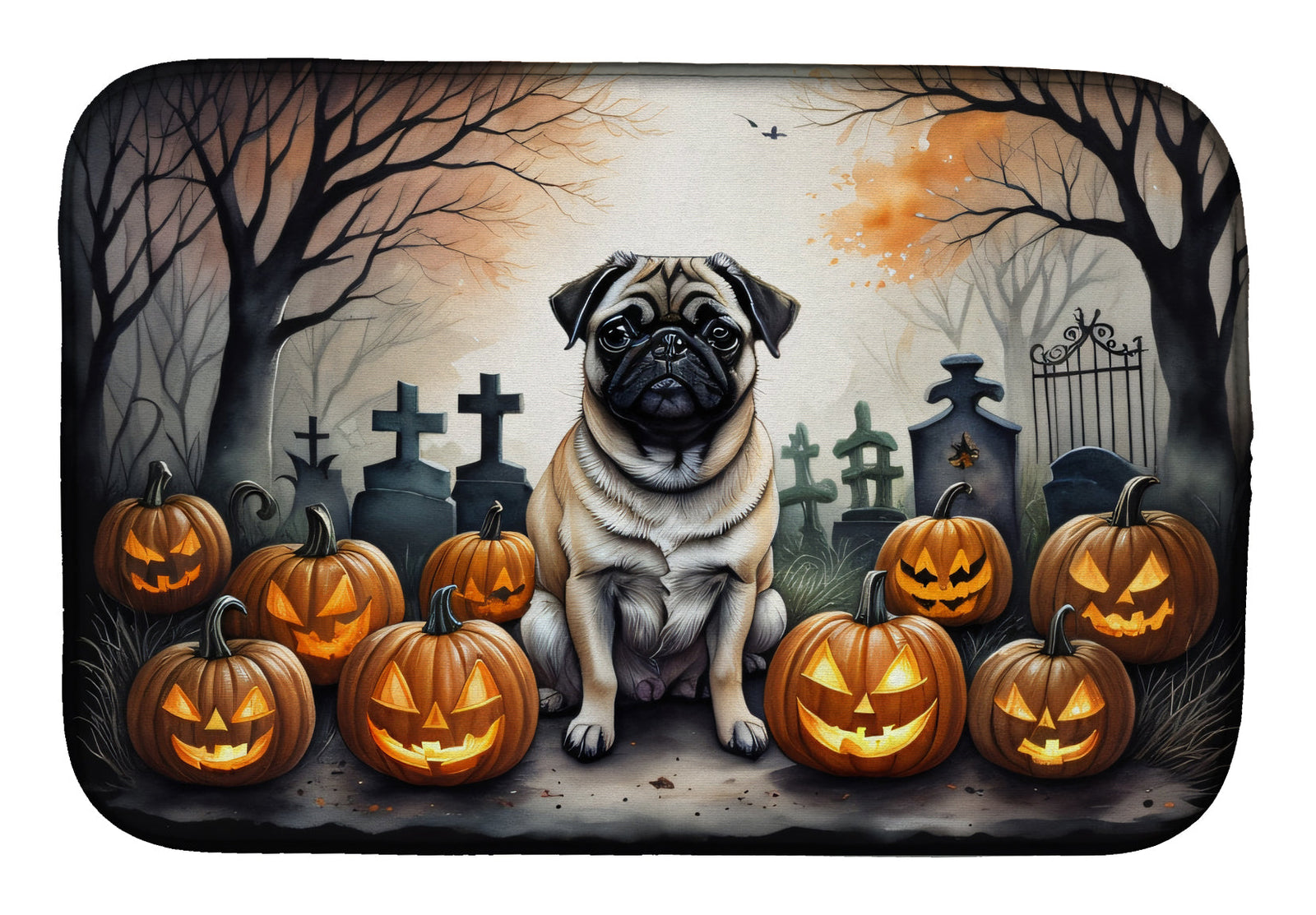 Caroline's Treasures Fawn Pug Spooky Halloween Dish Drying Mat
