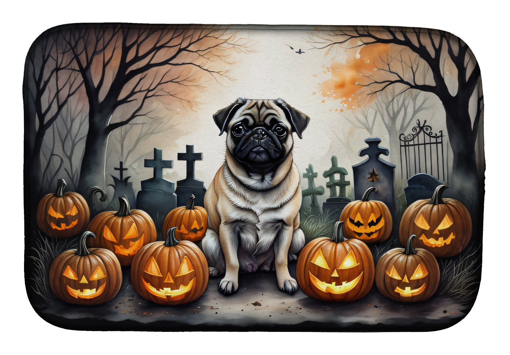 Caroline's Treasures Fawn Pug Spooky Halloween Dish Drying Mat