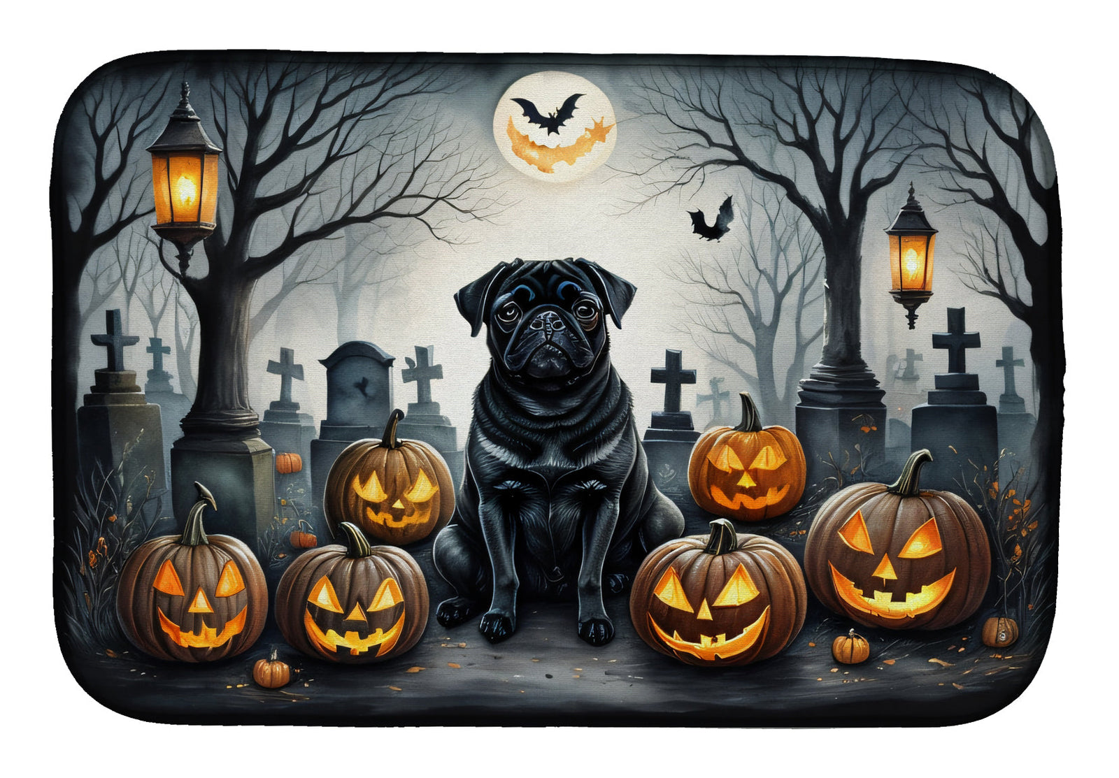 Caroline's Treasures Black Pug Spooky Halloween Dish Drying Mat