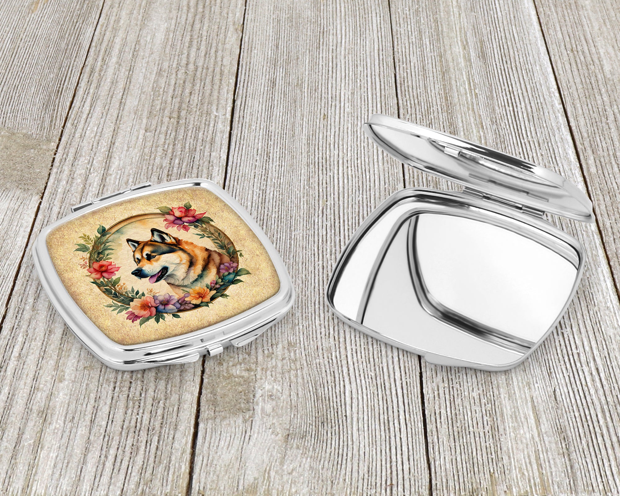 Akita and Flowers Compact Mirror