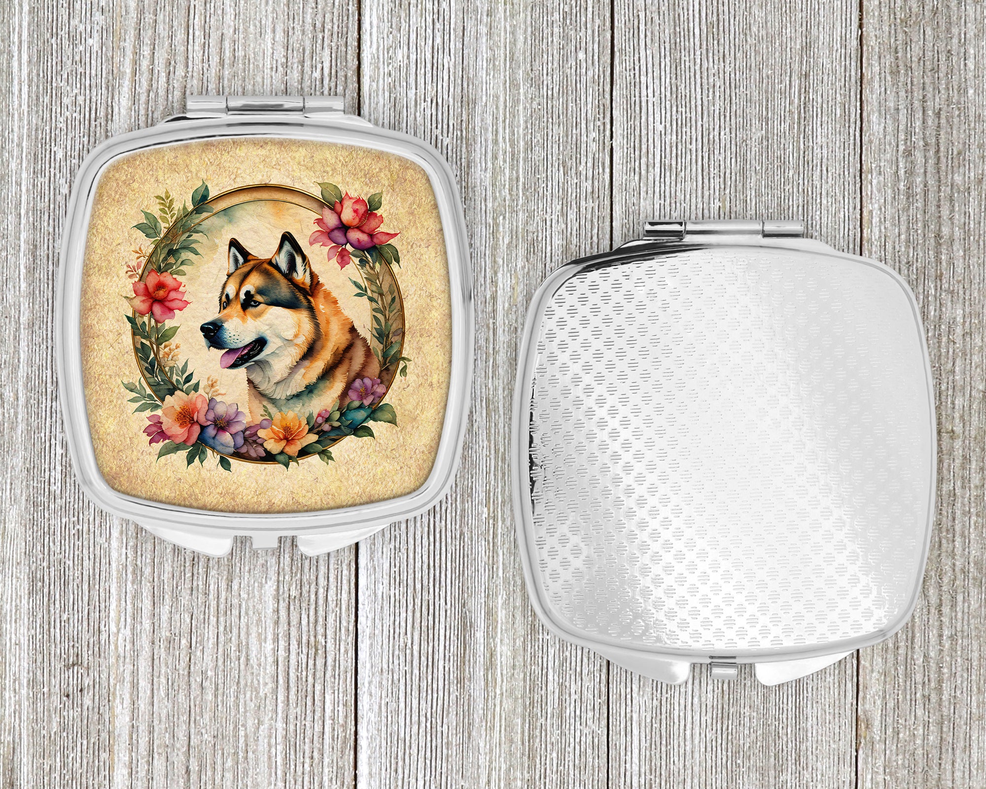 Akita and Flowers Compact Mirror