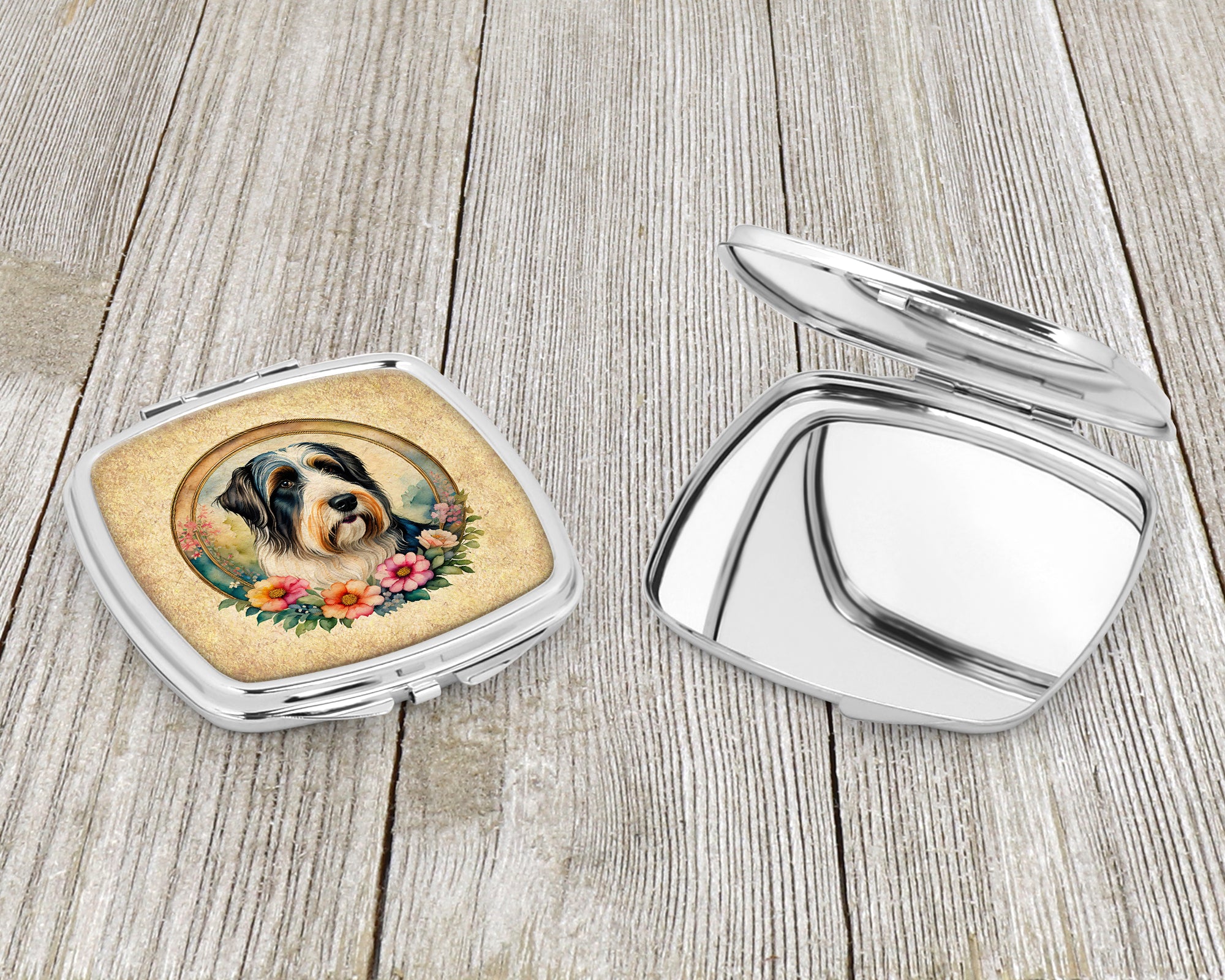 Bearded Collie and Flowers Compact Mirror