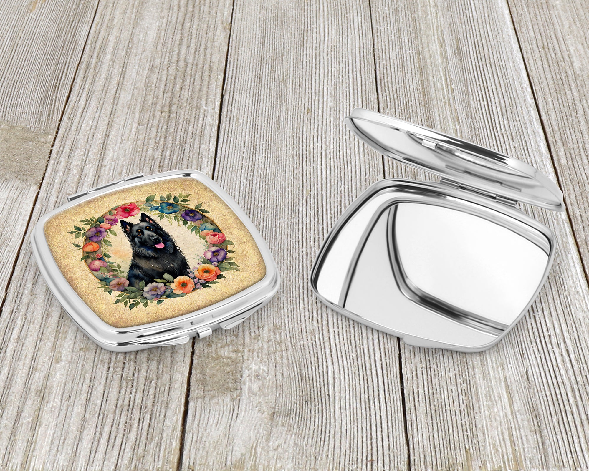 Belgian Sheepdog and Flowers Compact Mirror