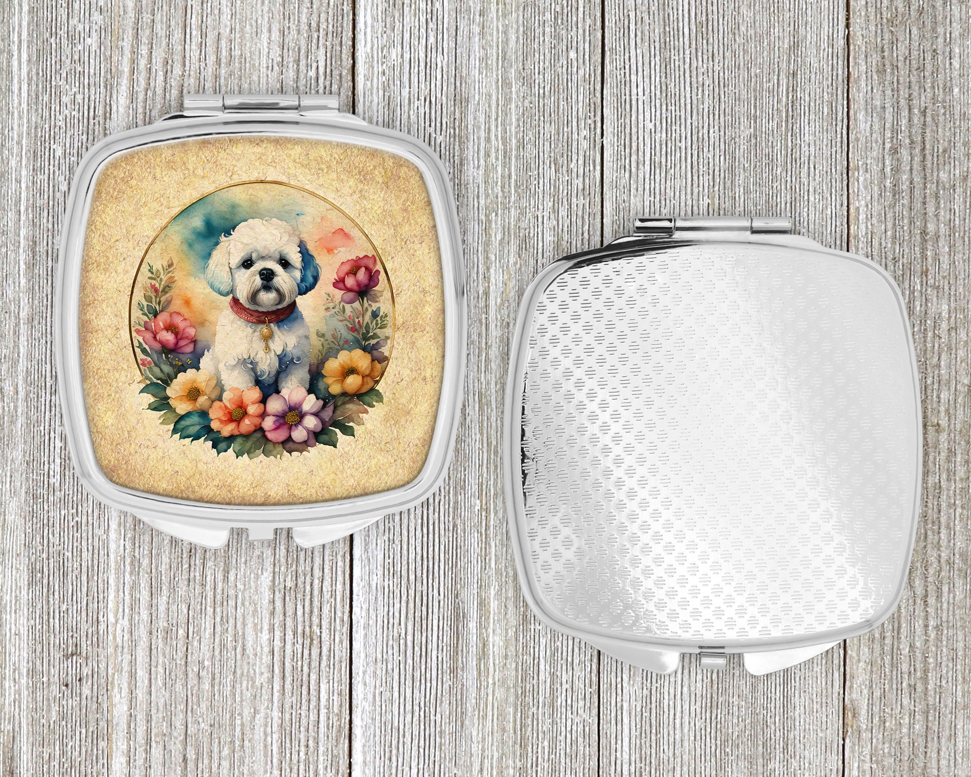 Bichon Frise and Flowers Compact Mirror