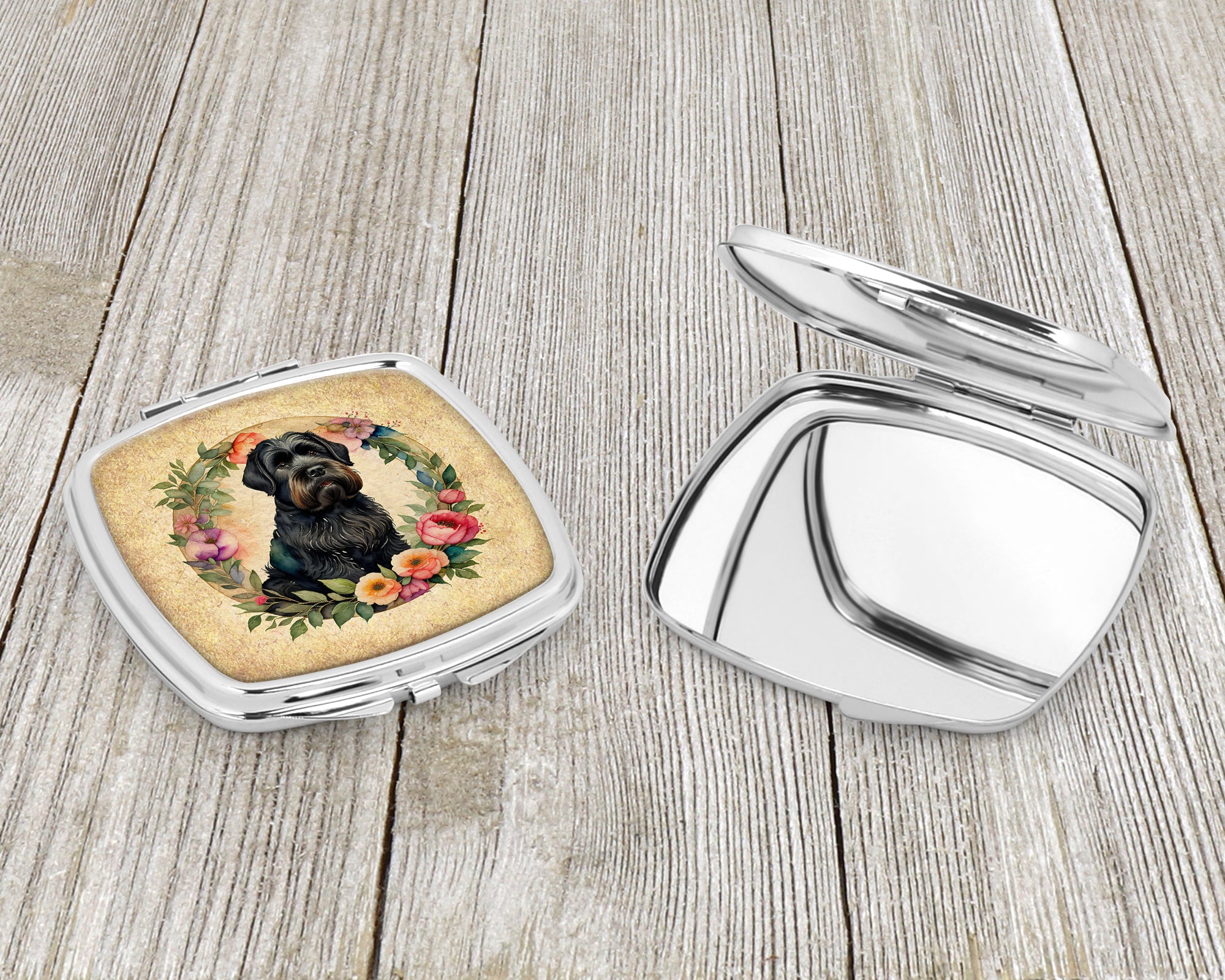 Black Russian Terrier and Flowers Compact Mirror