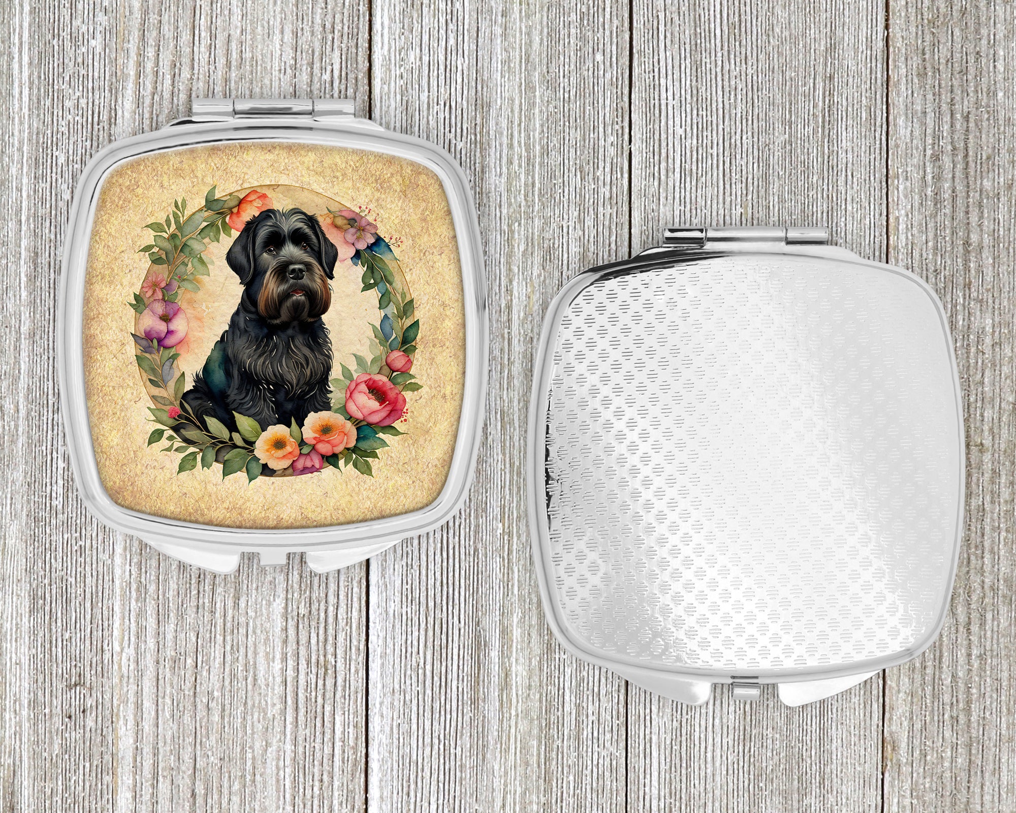 Black Russian Terrier and Flowers Compact Mirror