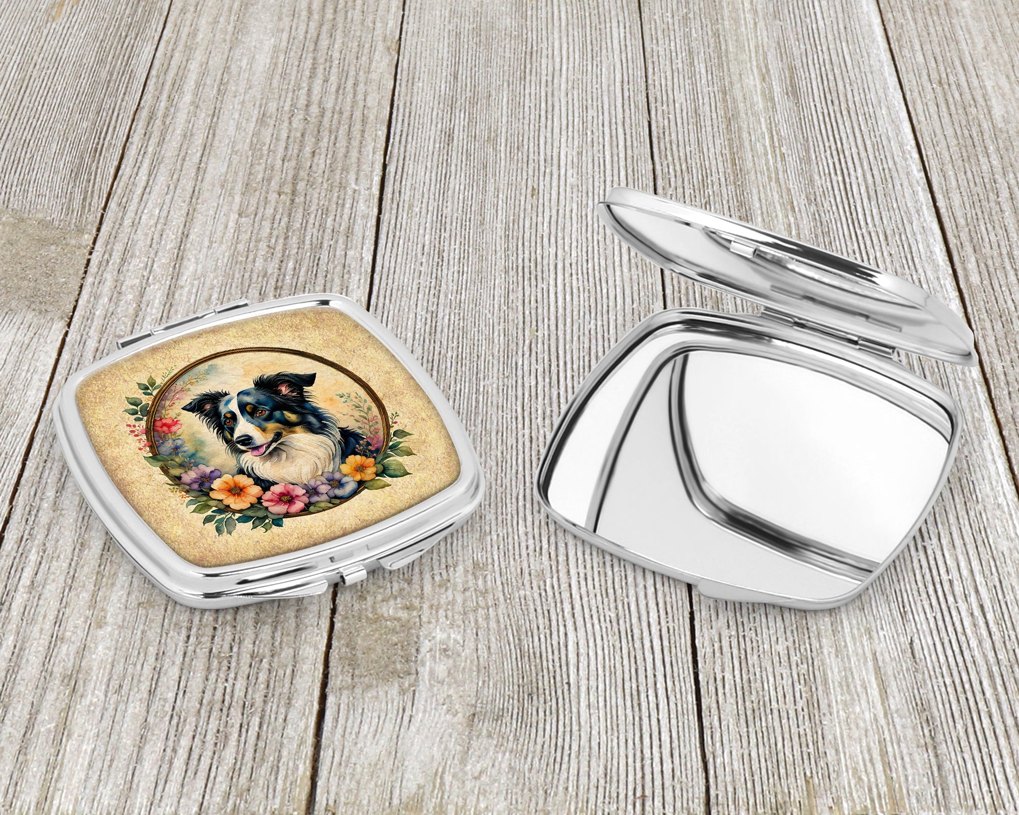 Border Collie and Flowers Compact Mirror