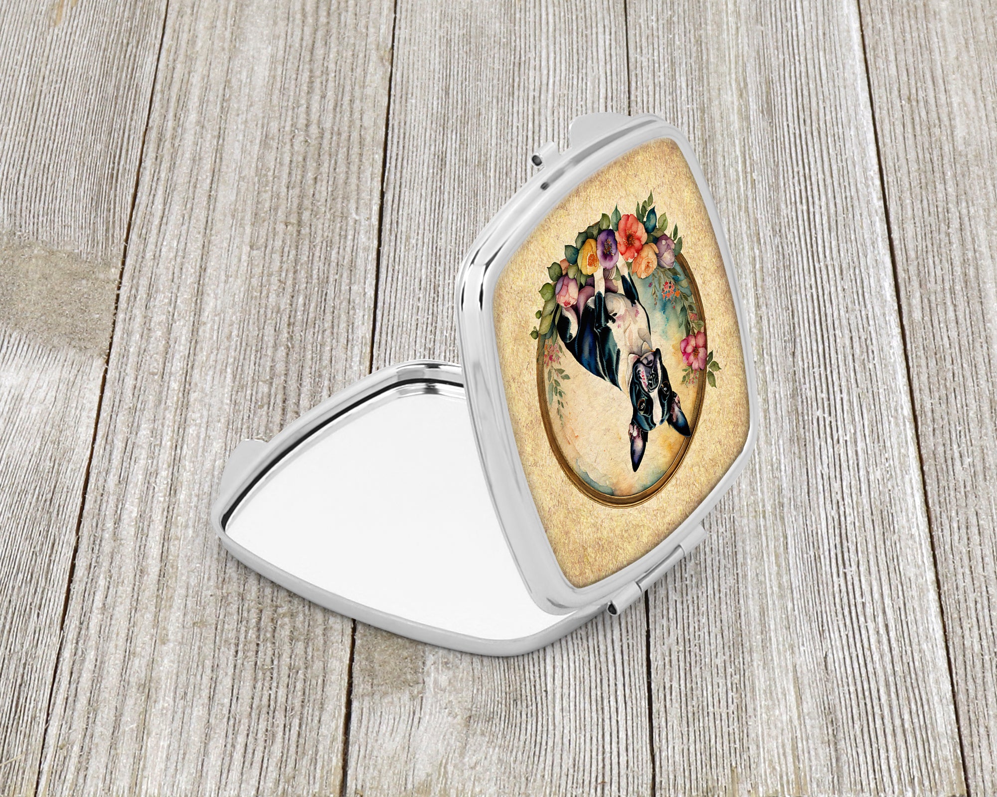 Boston Terrier and Flowers Compact Mirror
