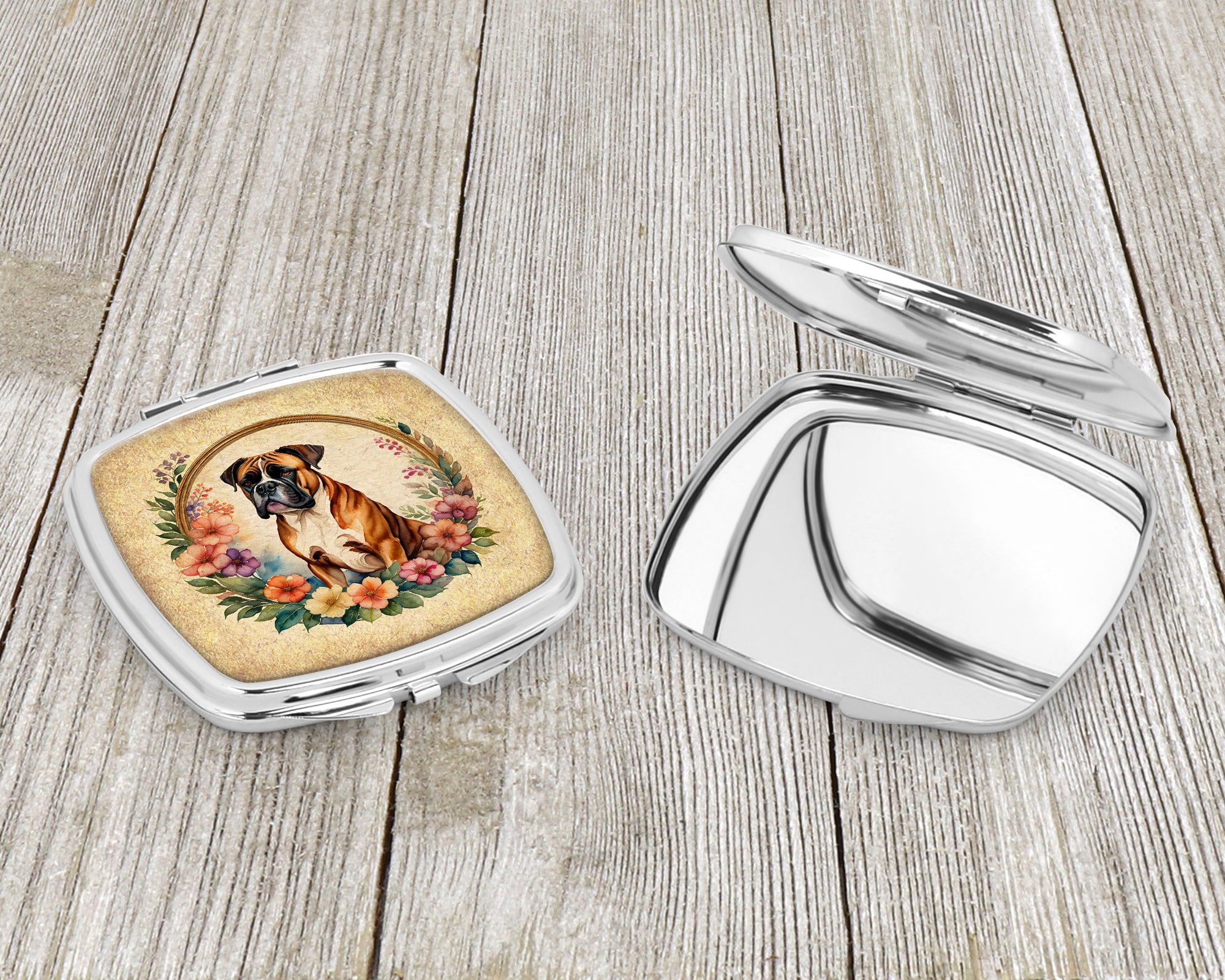 Boxer and Flowers Compact Mirror