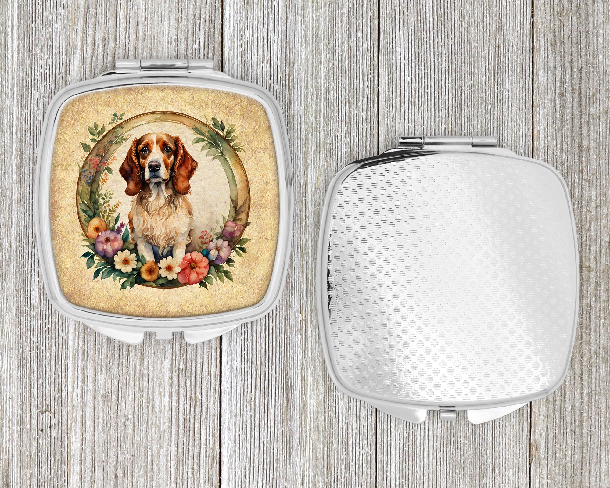 Brittany Spaniel and Flowers Compact Mirror