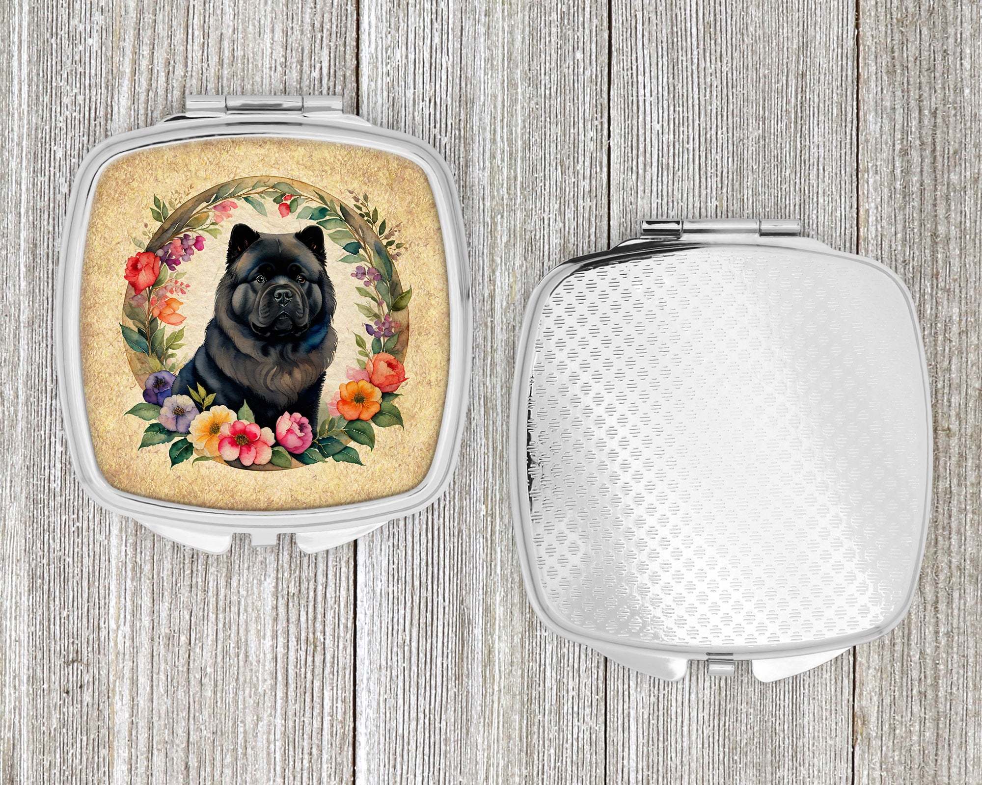 Black Chow Chow and Flowers Compact Mirror