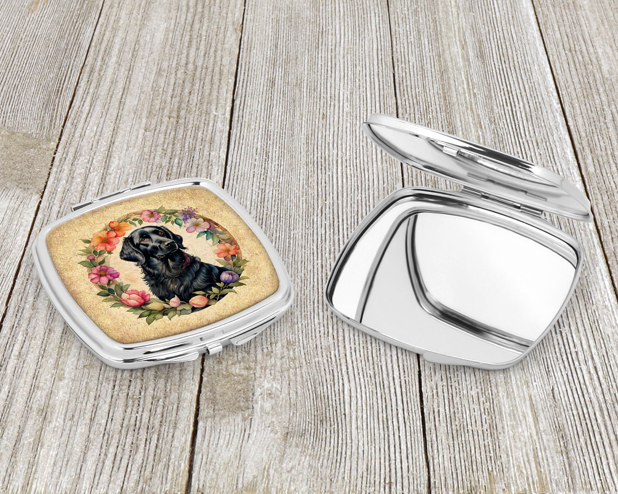 Flat-Coated Retriever and Flowers Compact Mirror