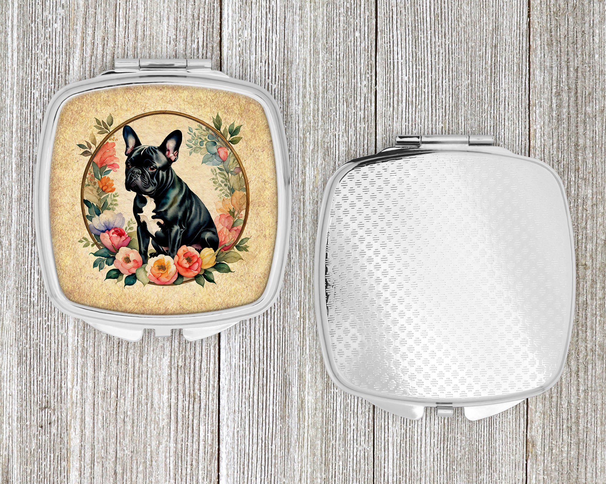 Black French Bulldog and Flowers Compact Mirror