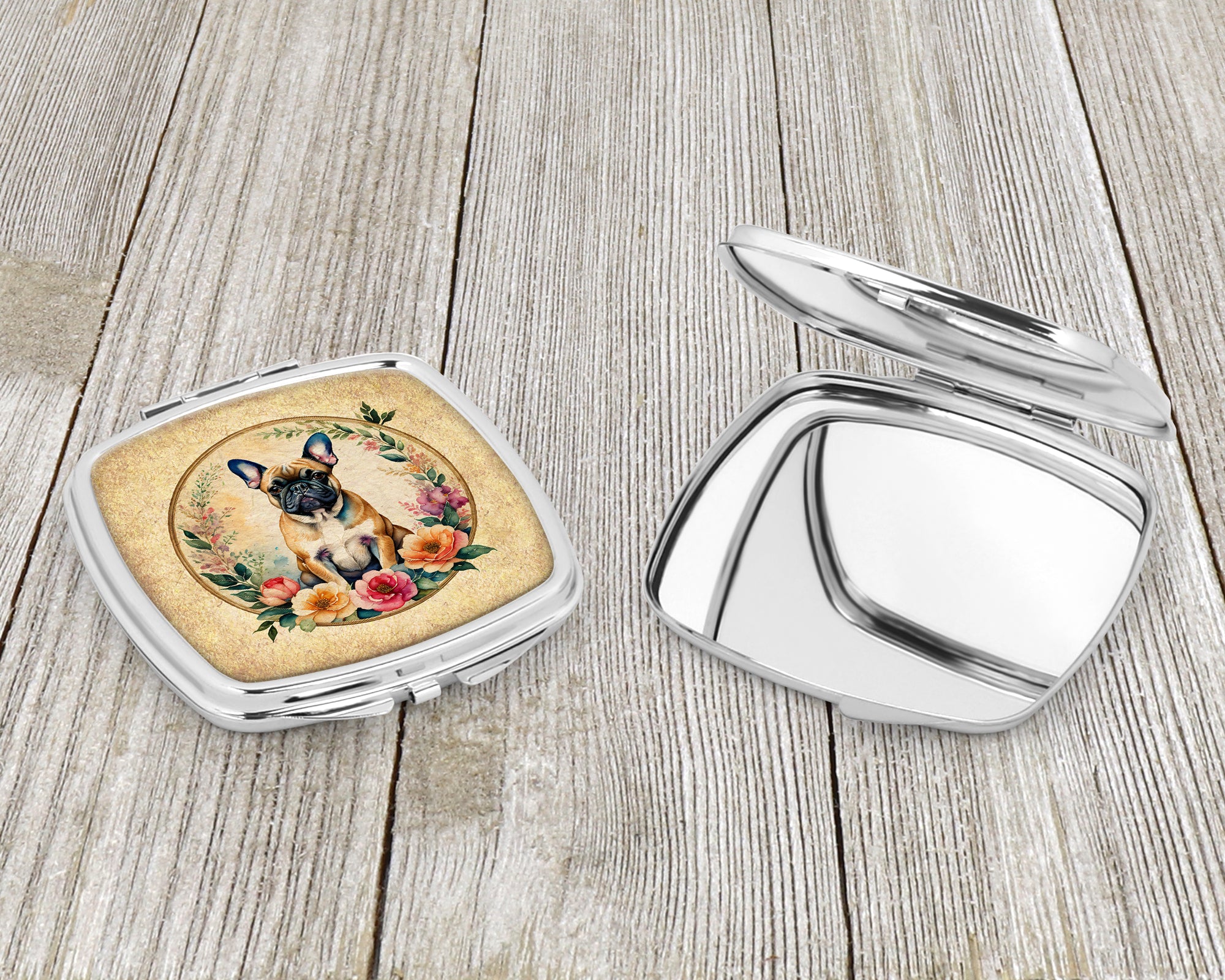Fawn  French Bulldog and Flowers Compact Mirror