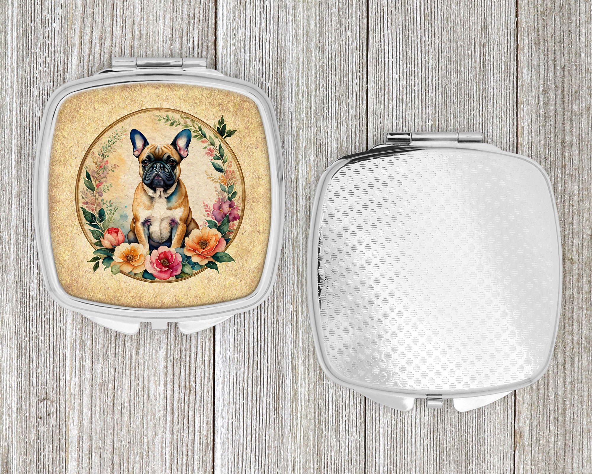 Fawn  French Bulldog and Flowers Compact Mirror