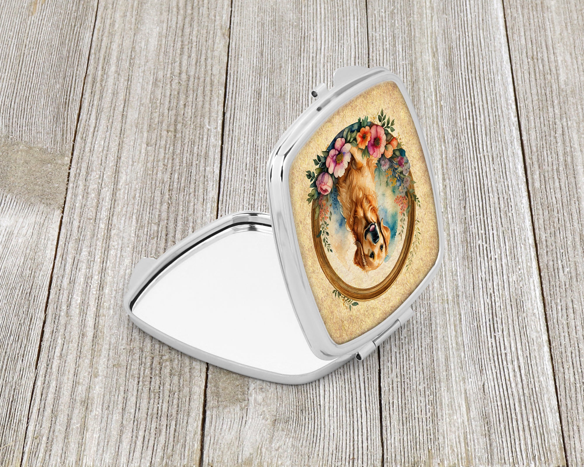 Golden Retriever and Flowers Compact Mirror