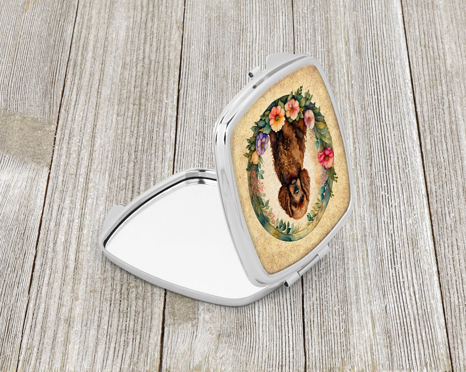 Caroline's Treasures Irish Water Spaniel and Flowers Compact Mirror – Stylish Purse Mirror with Artistic Covers