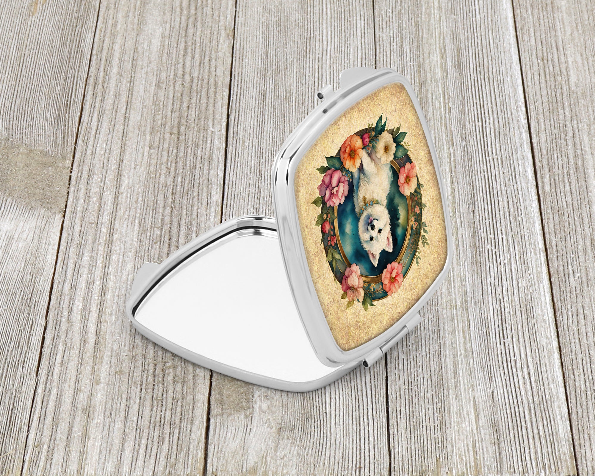 Japanese Spitz and Flowers Compact Mirror