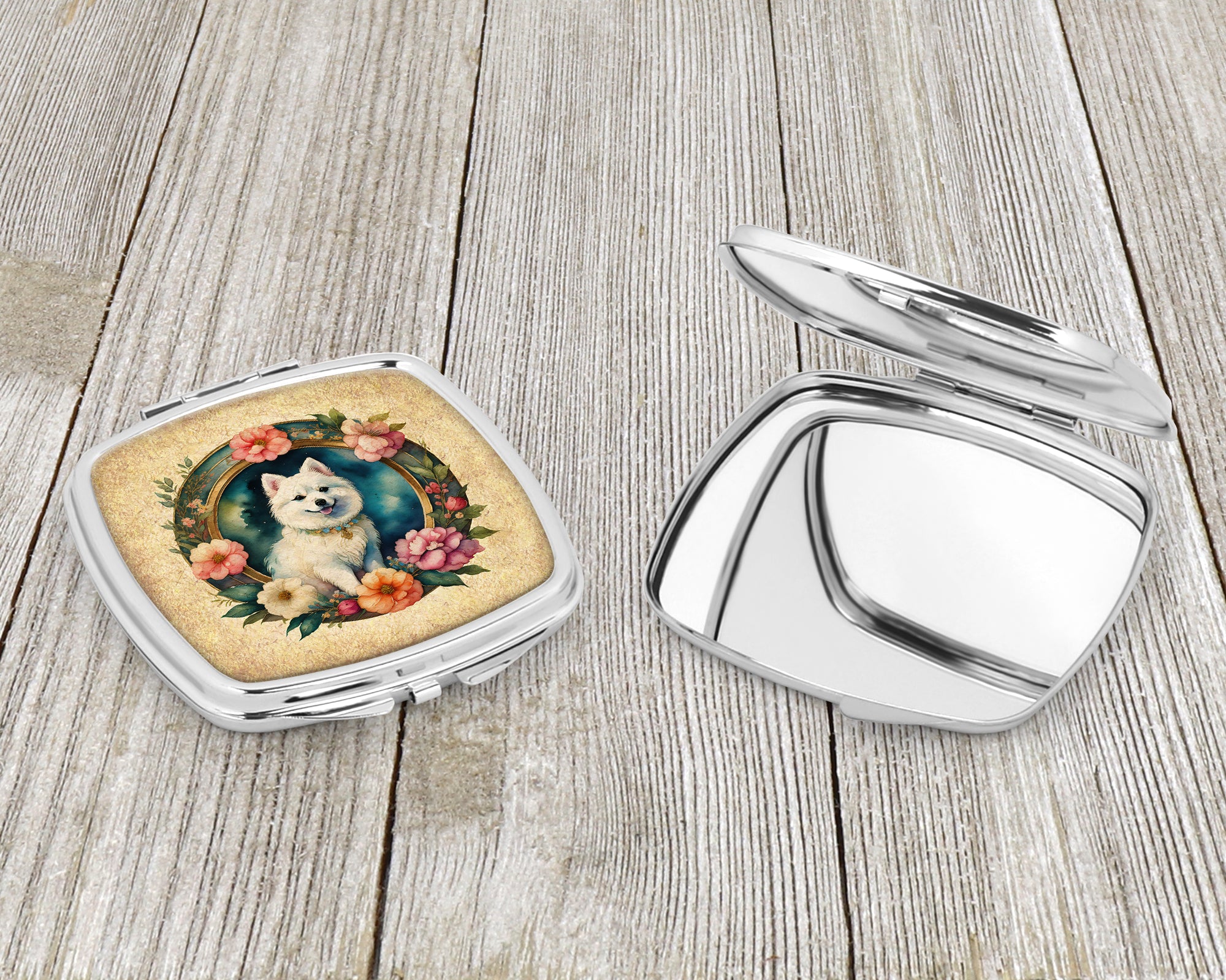 Japanese Spitz and Flowers Compact Mirror