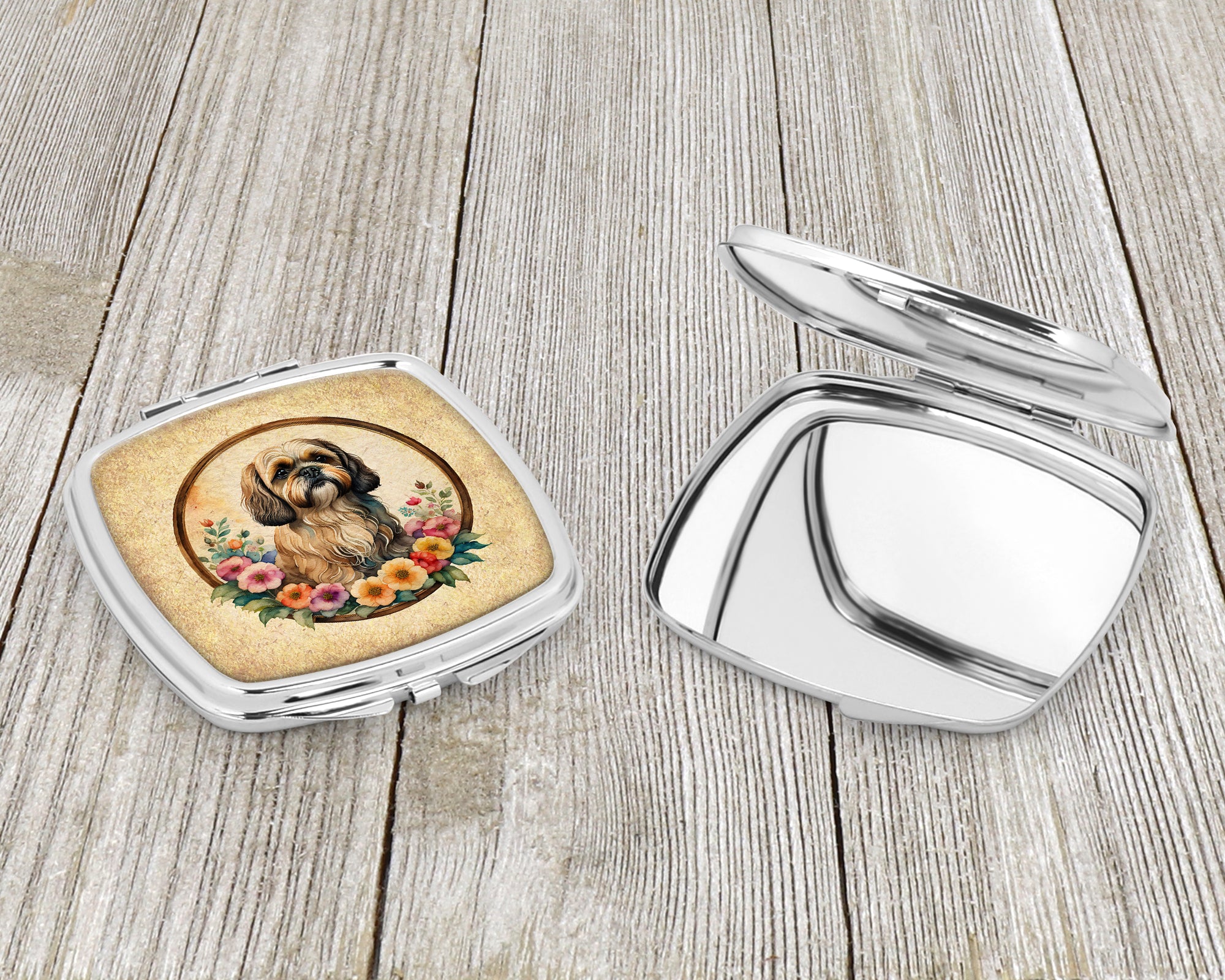 Lhasa Apso and Flowers Compact Mirror