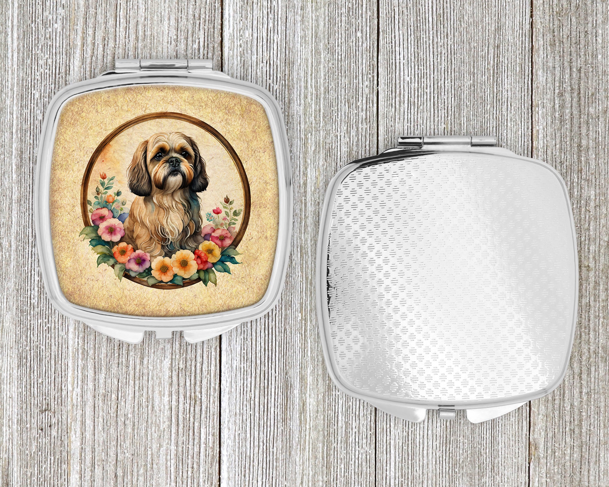 Lhasa Apso and Flowers Compact Mirror
