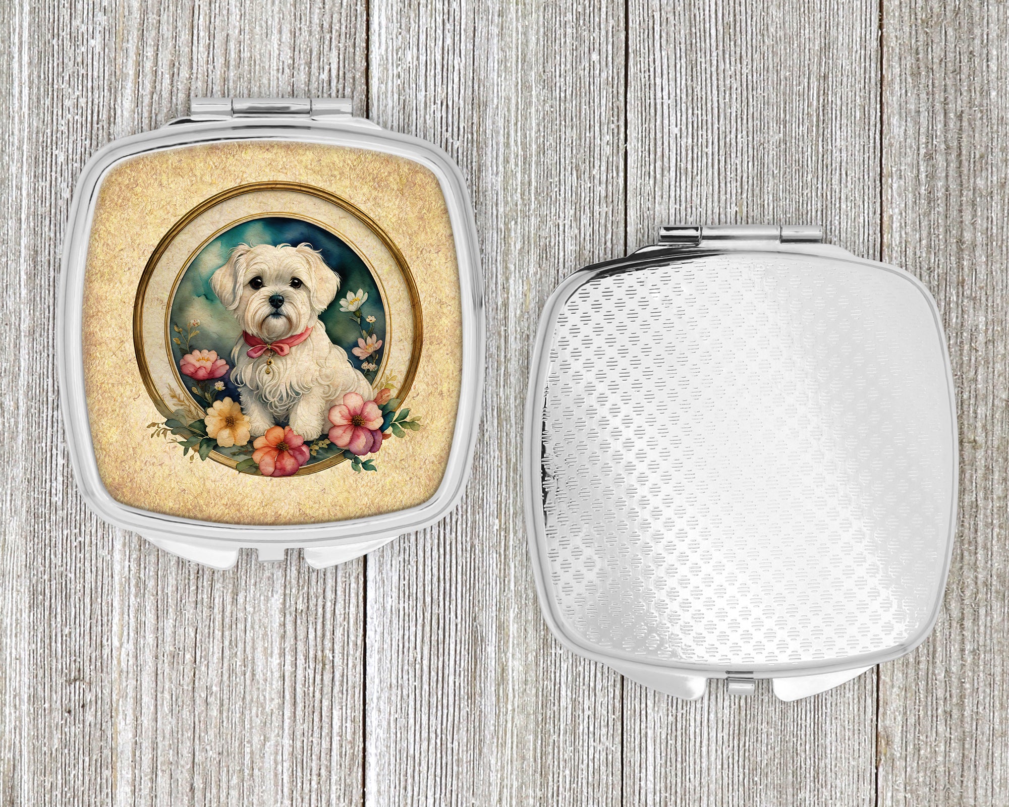 Maltese and Flowers Compact Mirror
