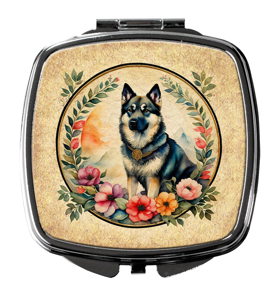 Buy this Norwegian Elkhound and Flowers Compact Mirror