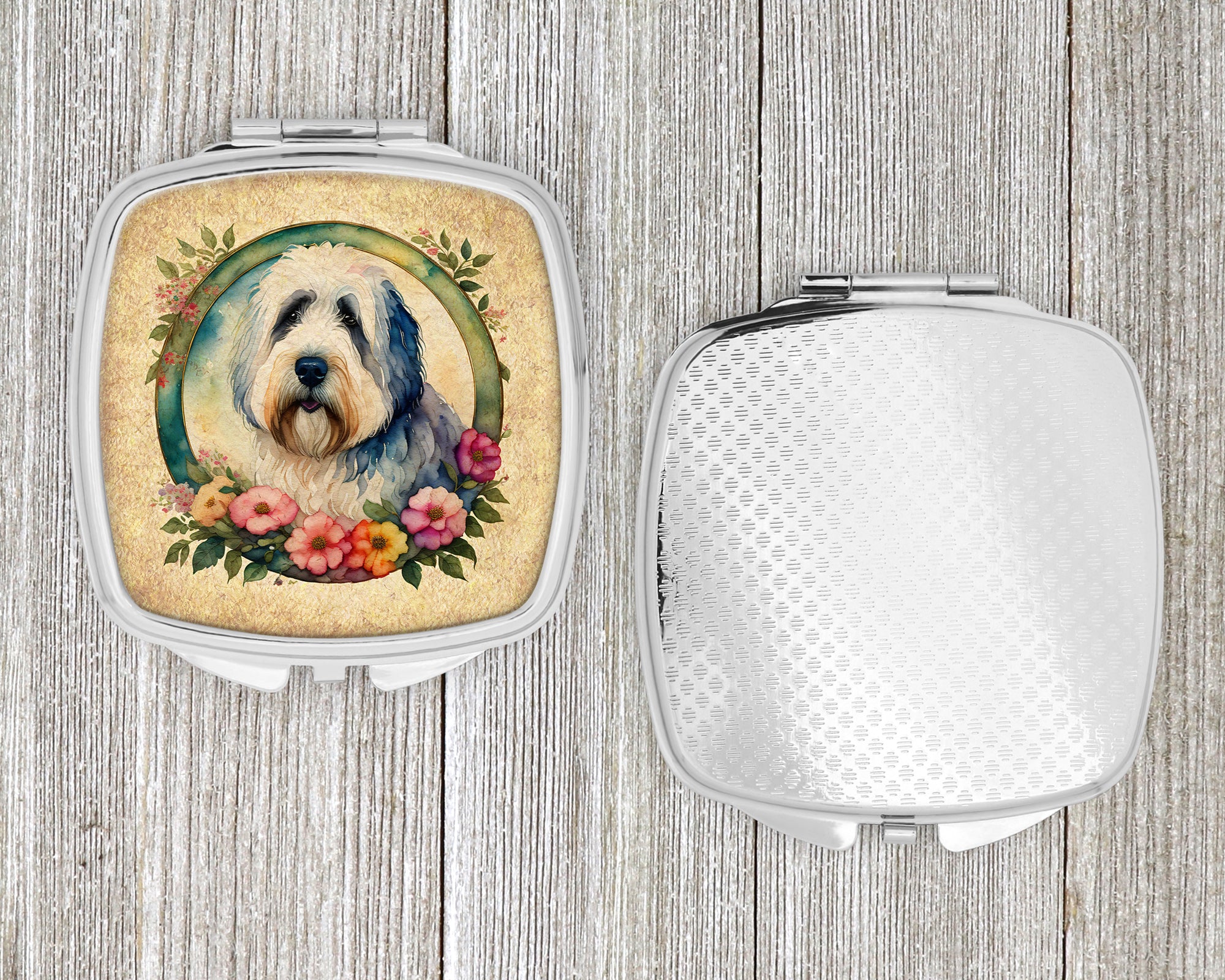 Old English Sheepdog and Flowers Compact Mirror