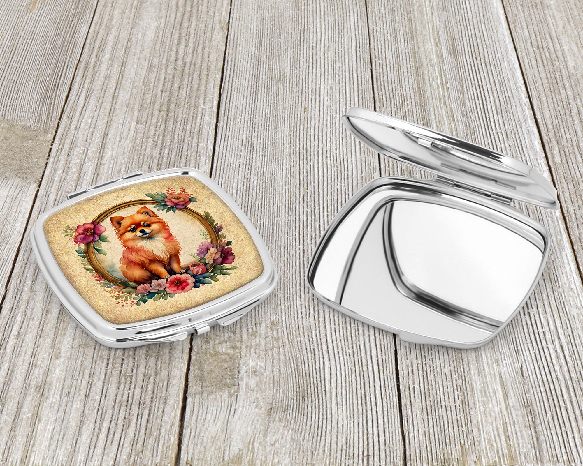 Pomeranian and Flowers Compact Mirror
