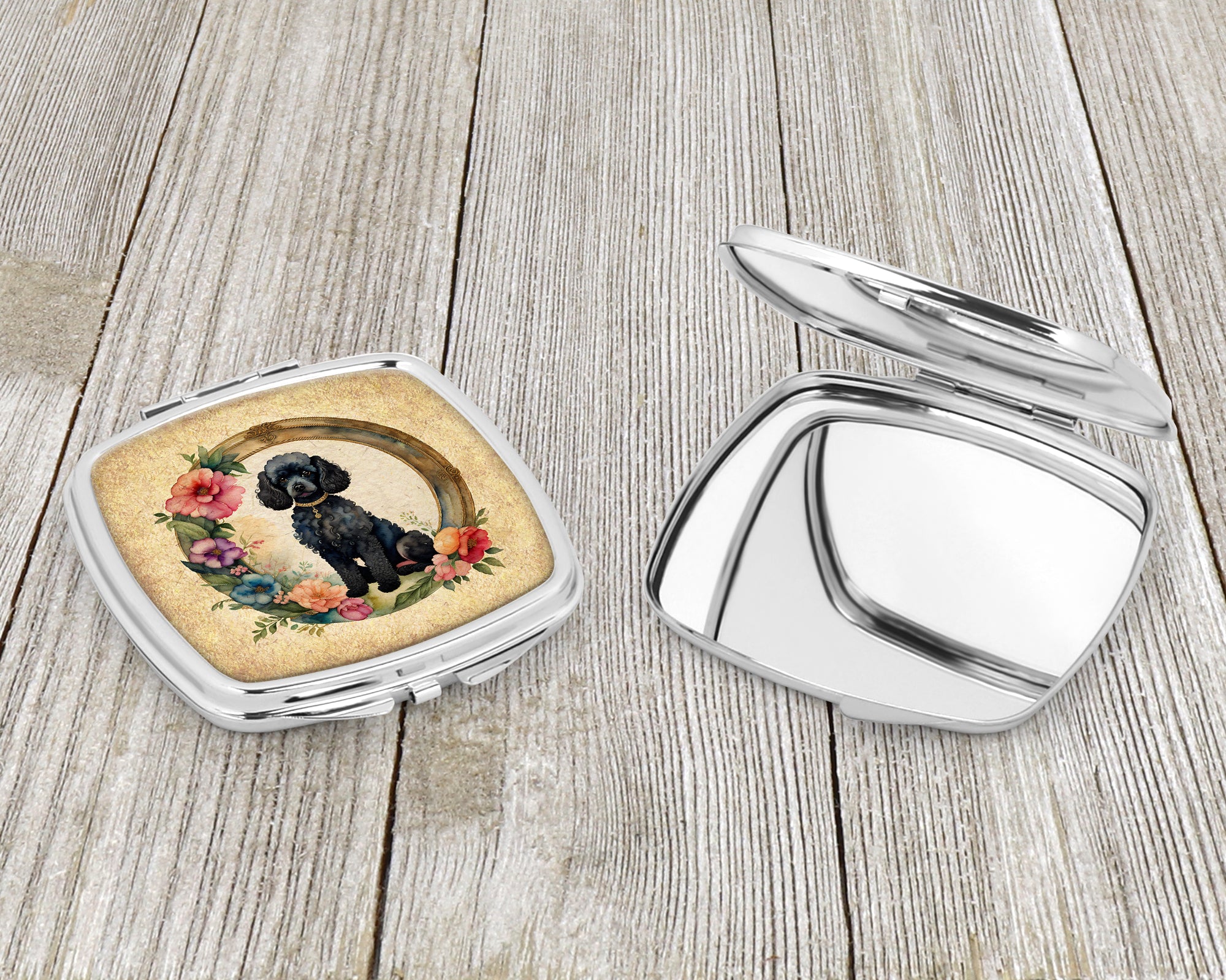 Black Poodle and Flowers Compact Mirror