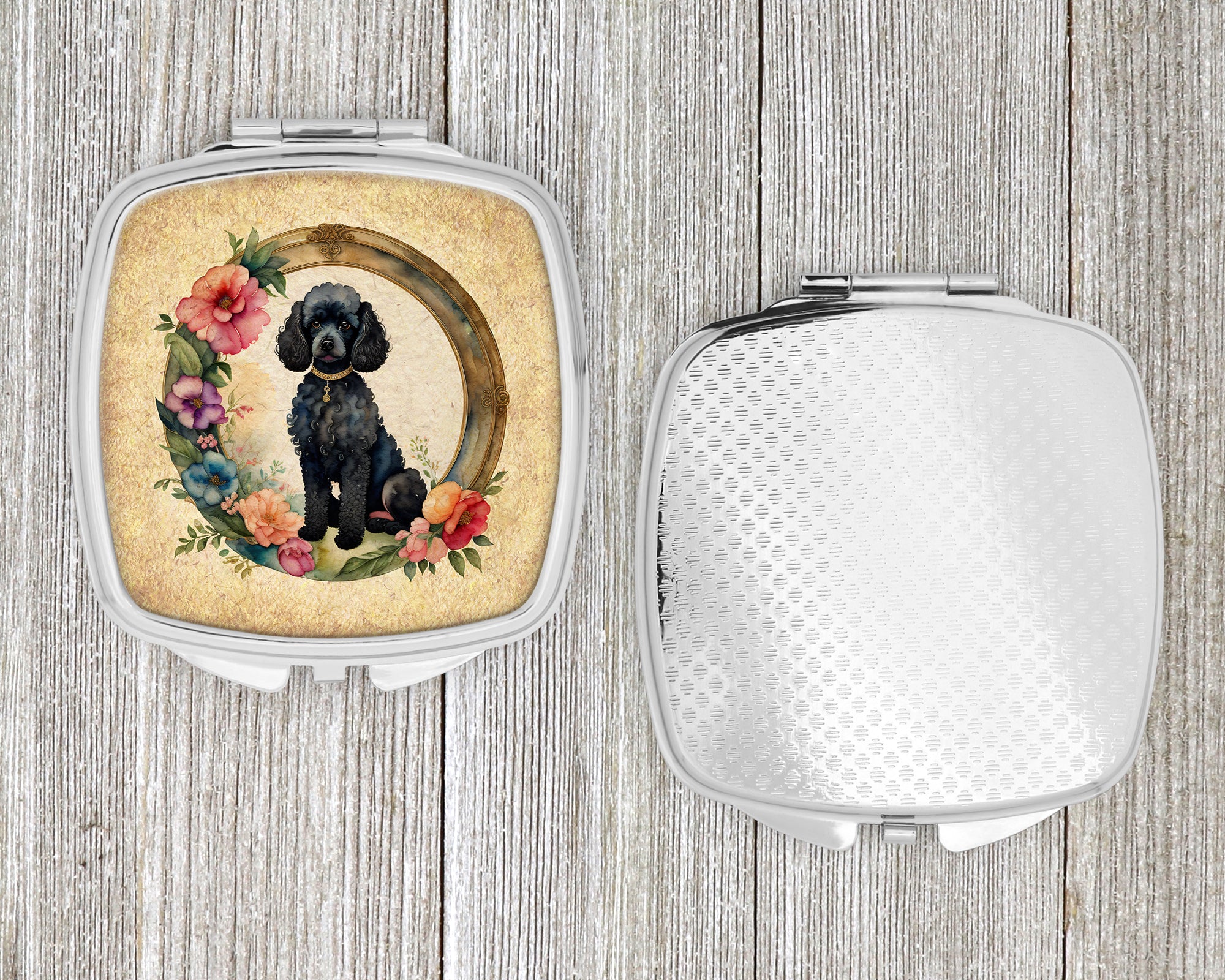 Black Poodle and Flowers Compact Mirror