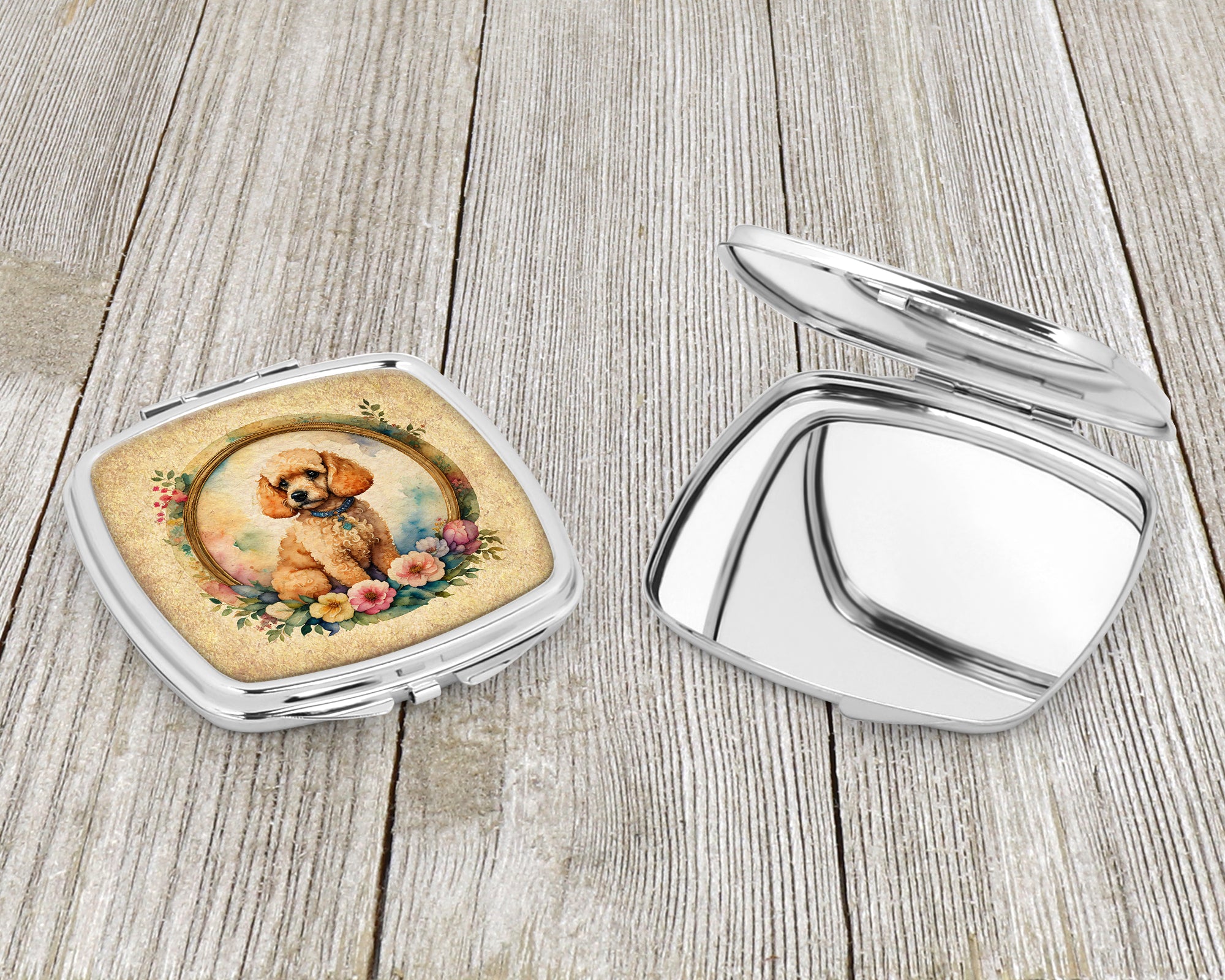 Poodle and Flowers Compact Mirror
