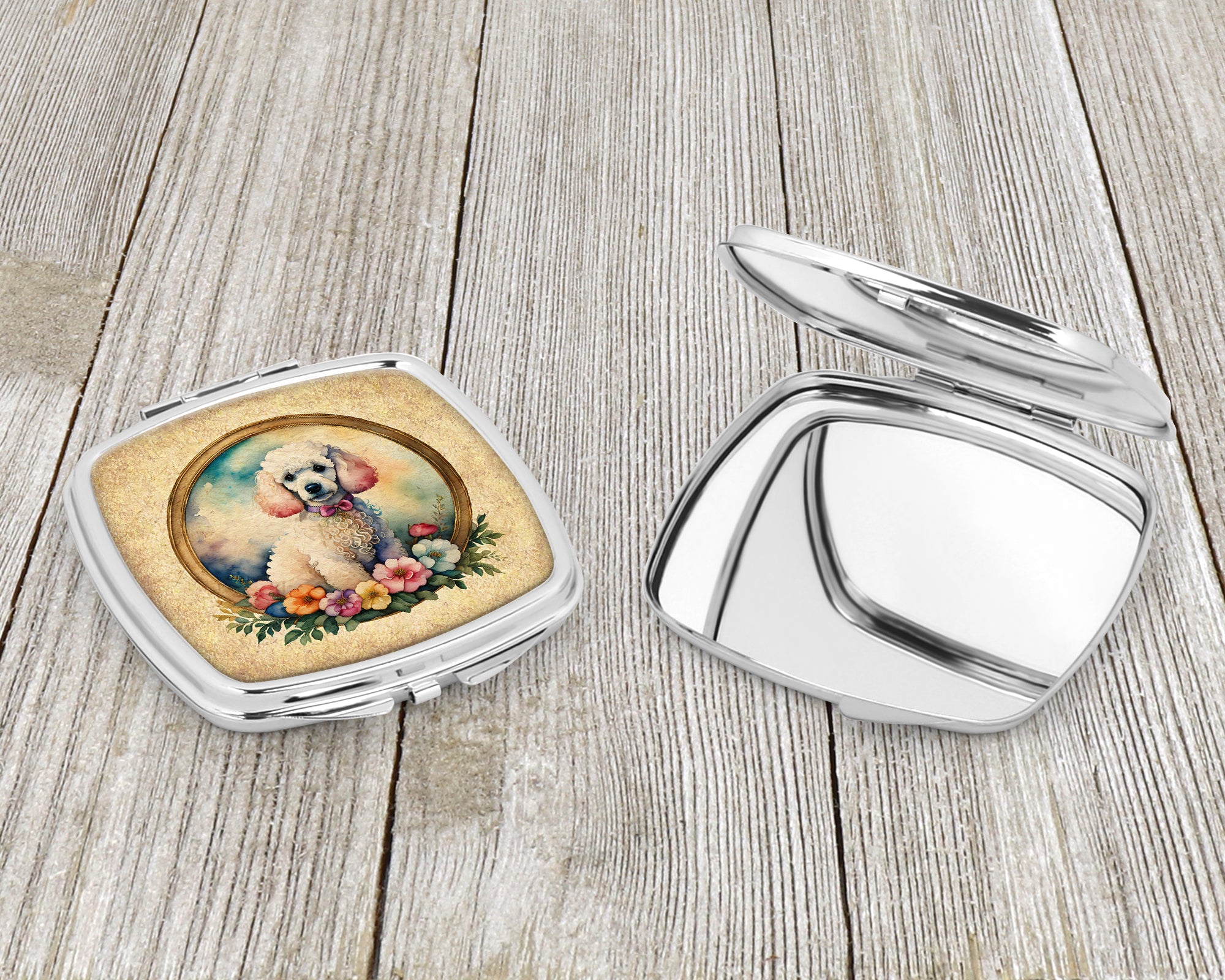 White Poodle and Flowers Compact Mirror