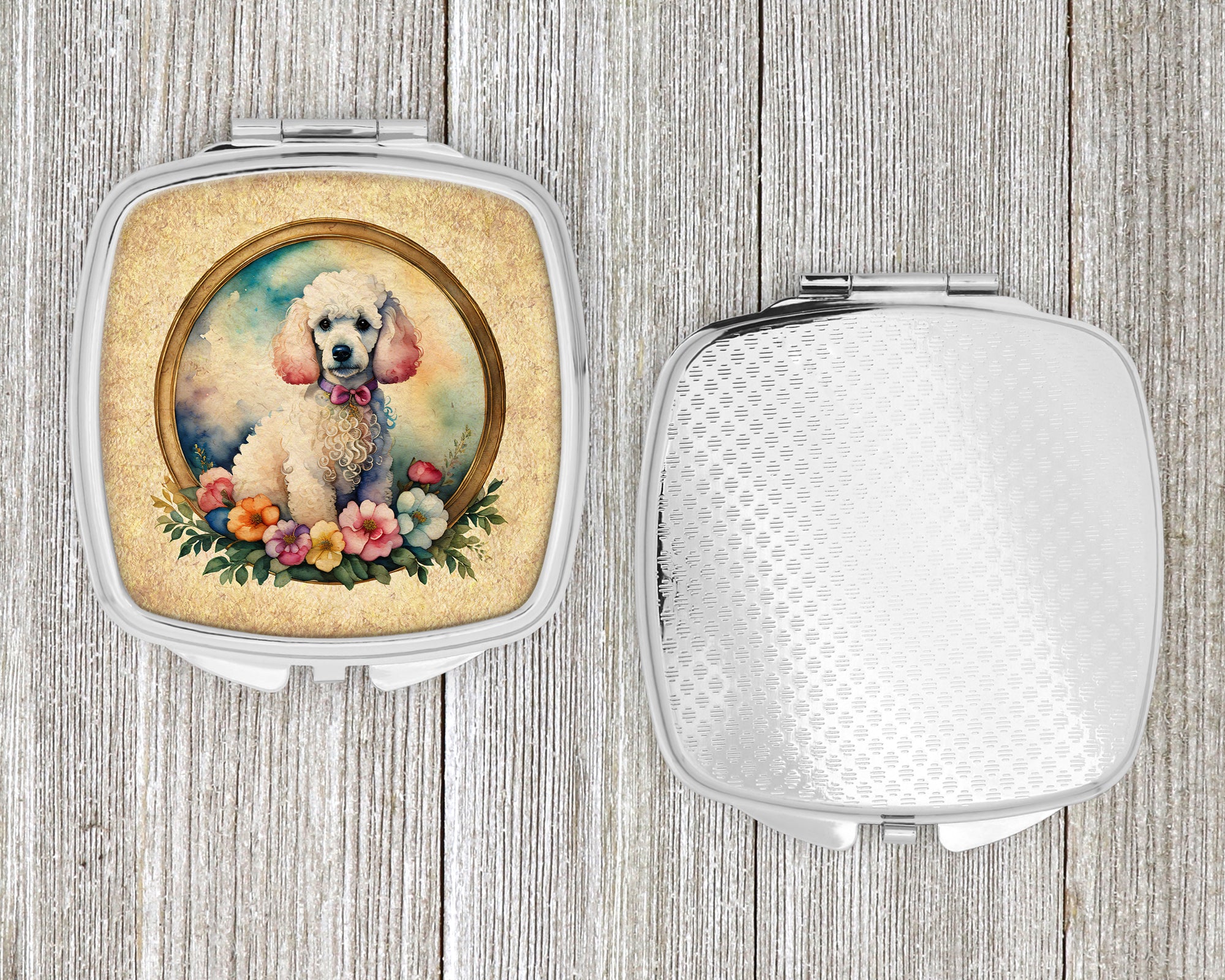 White Poodle and Flowers Compact Mirror