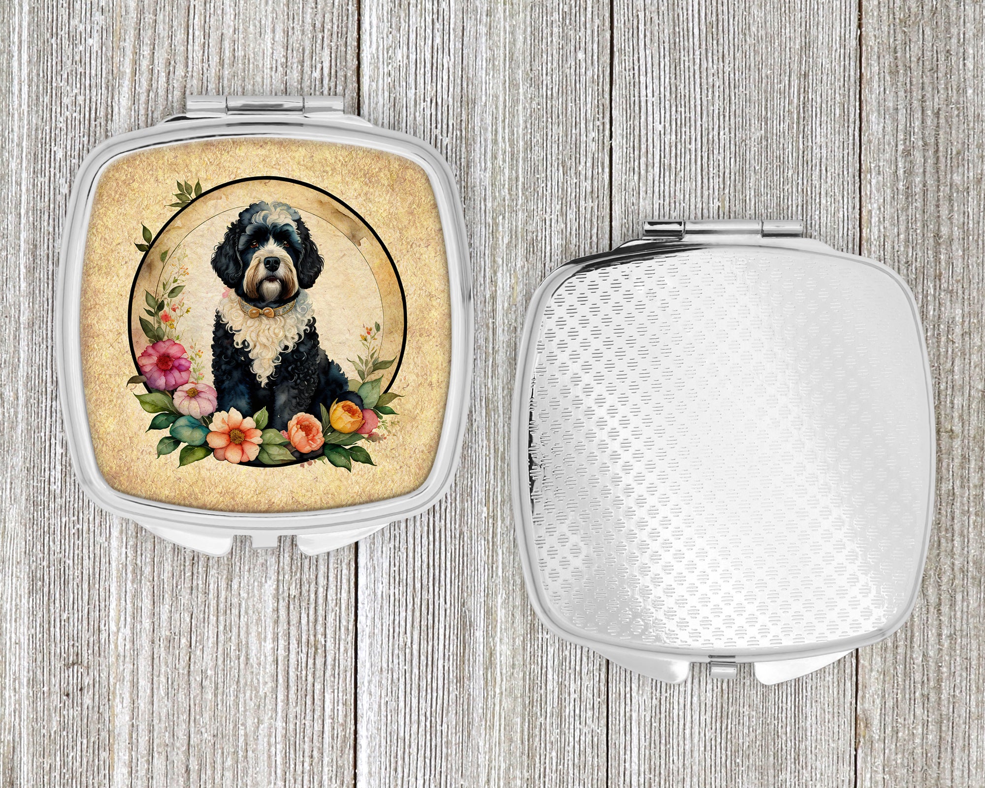 Portuguese Water Dog and Flowers Compact Mirror