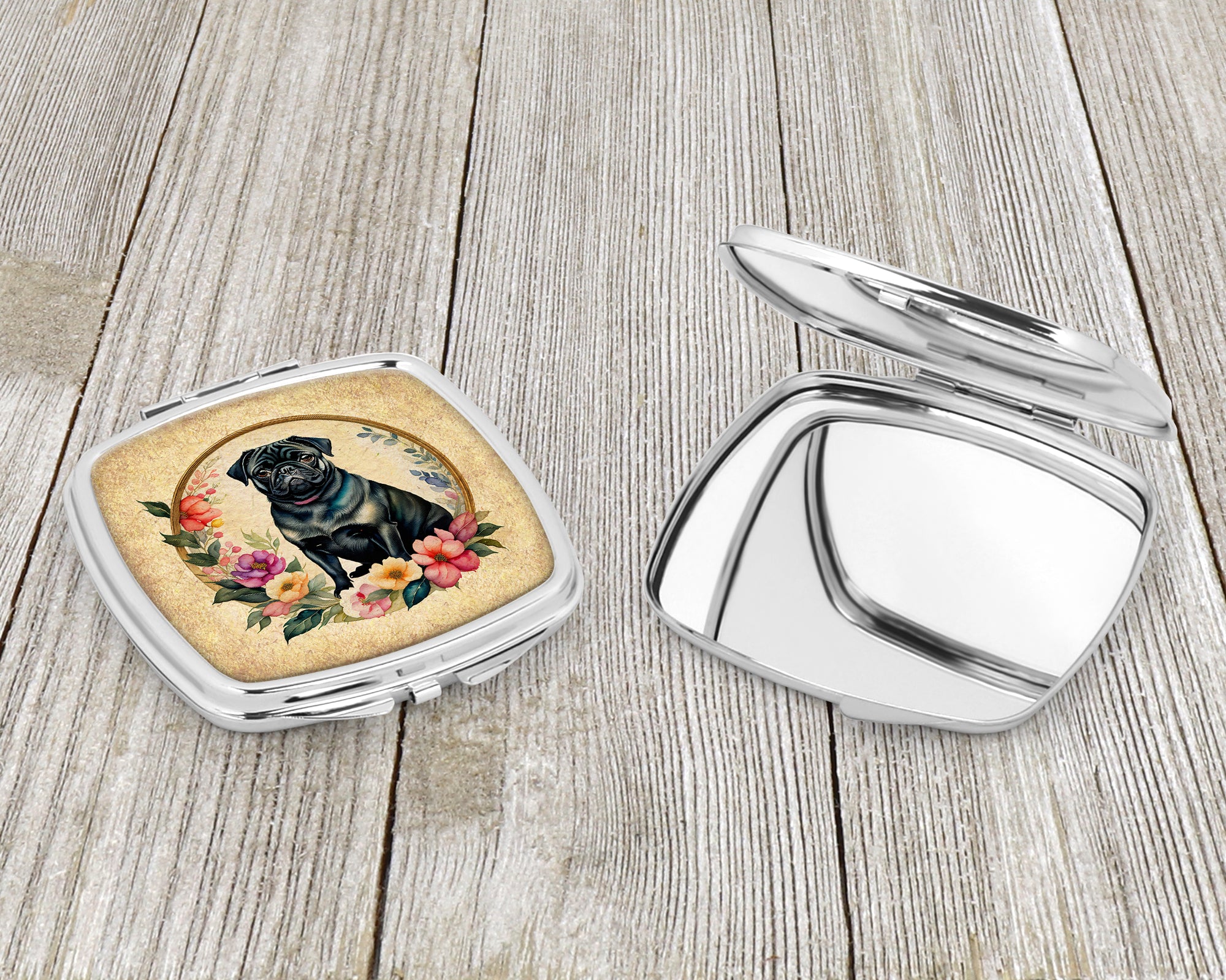 Black Pug and Flowers Compact Mirror