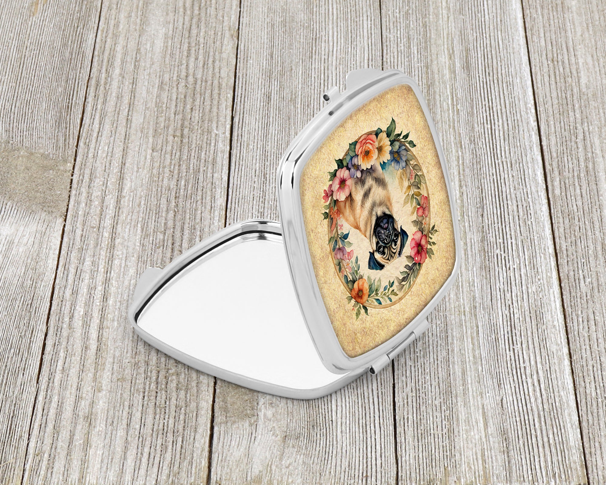 Fawn Pug and Flowers Compact Mirror